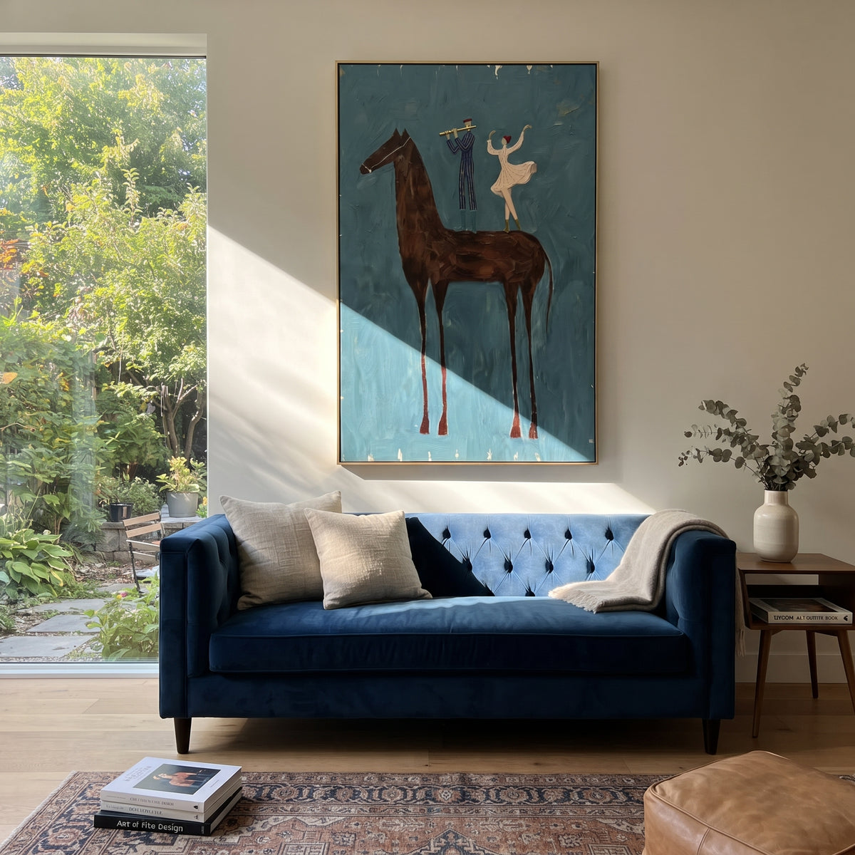 Small Dancers Ride Brown - brown horse performers painting by Laura Chen, modern Western vertical wall art - displayed next to a dark wood cabinet