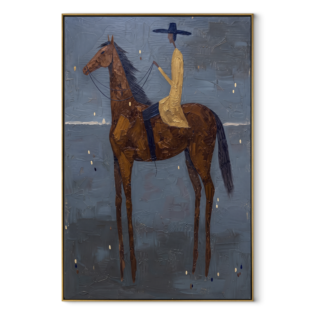 Golden Coat Rides Rain - brown horse rider painting by Laura Chen, modern Western vertical wall art - wood frame on white background