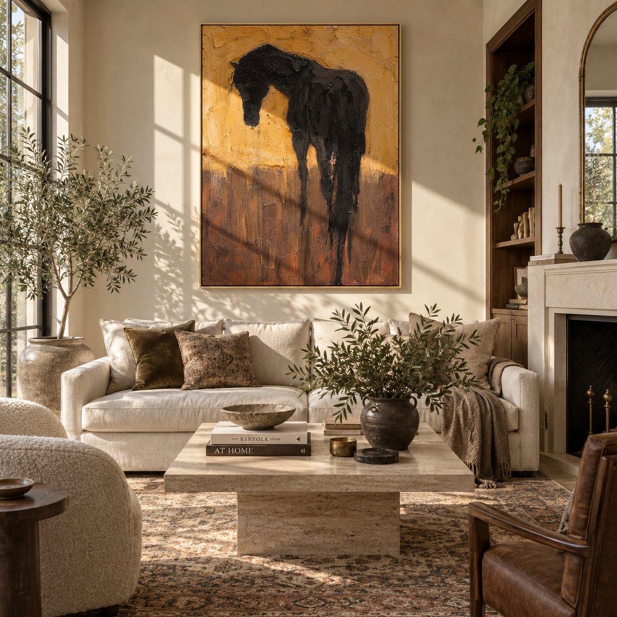 Black Horse Bows Ochre - black horse portrait painting by Laura Chen, modern Western vertical wall art - displayed in a tall entryway