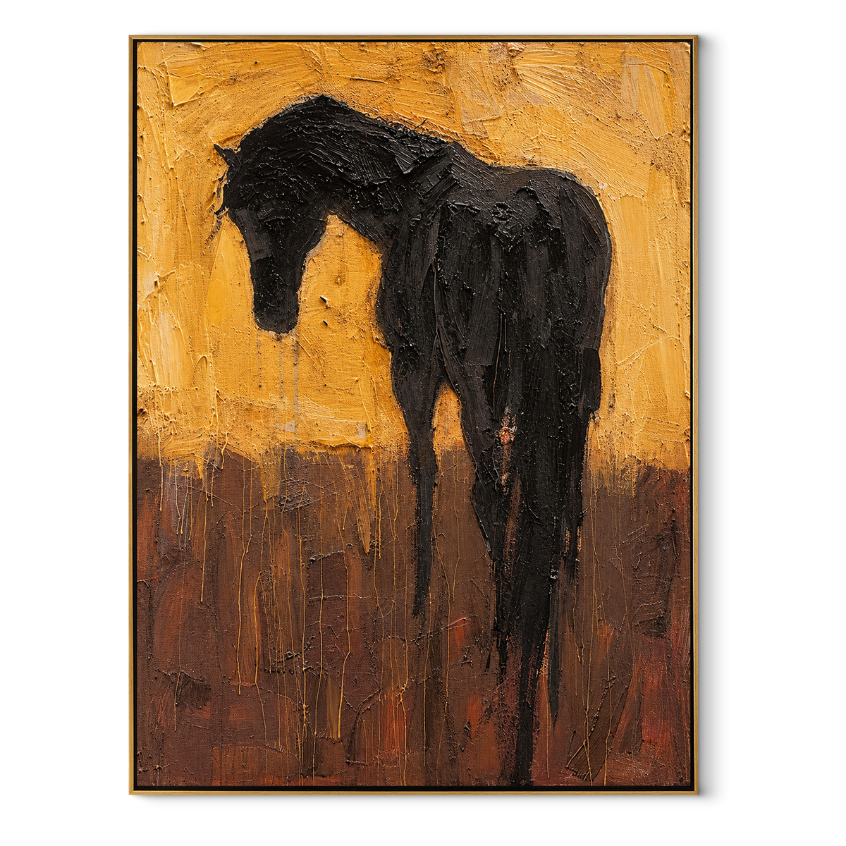 Black Horse Bows Ochre - black horse portrait painting by Laura Chen, modern Western vertical wall art - wood frame on white background