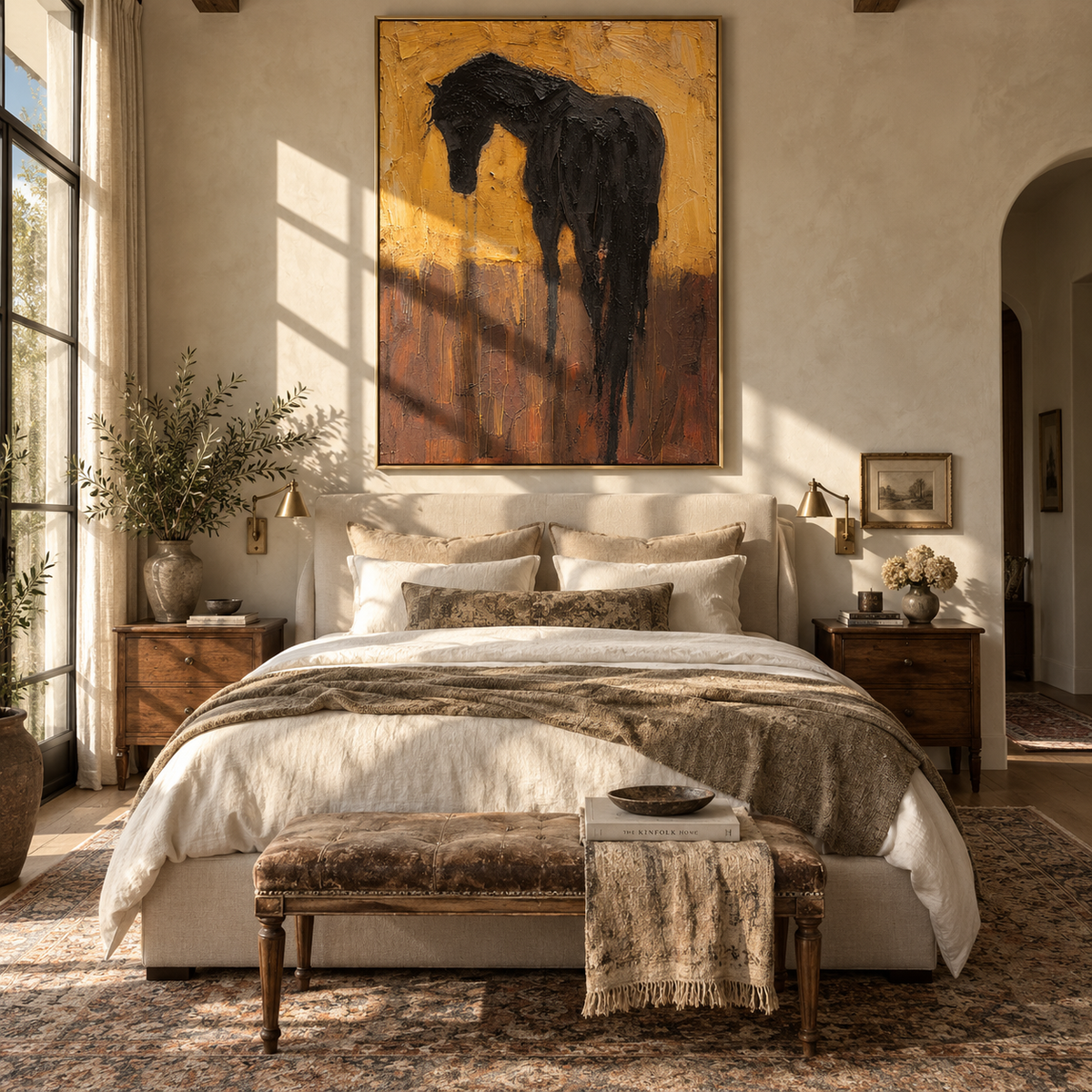 Black Horse Bows Ochre - black horse portrait painting by Laura Chen, modern Western vertical wall art - displayed beside a reading chair