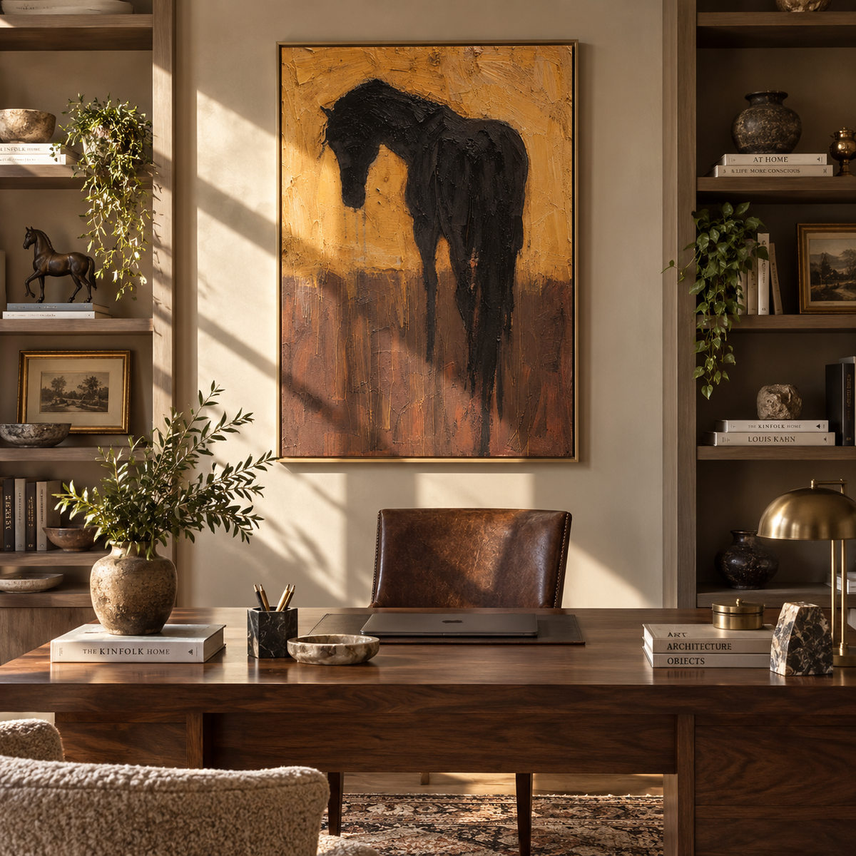 Black Horse Bows Ochre - black horse portrait painting by Laura Chen, modern Western vertical wall art - displayed above a narrow living room console