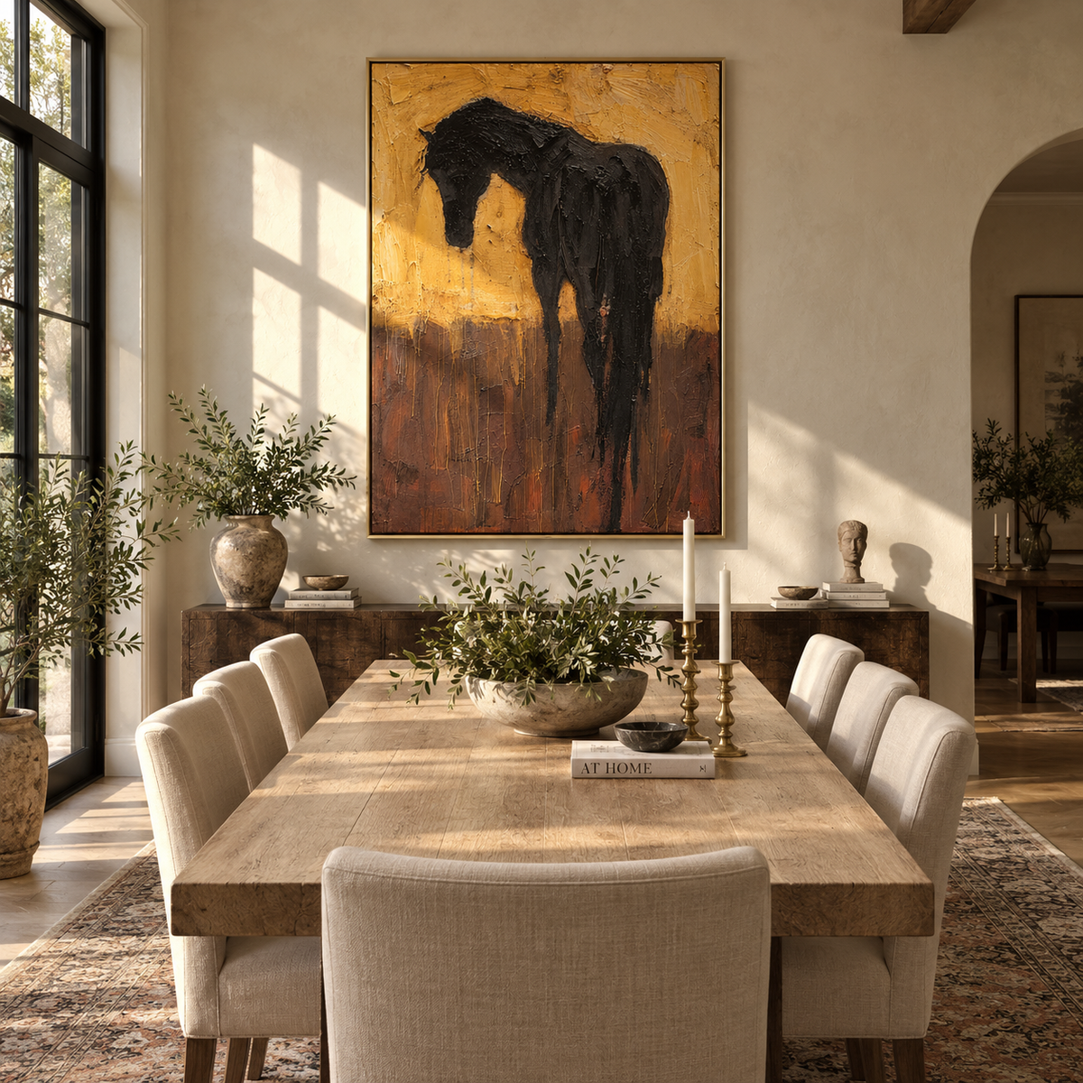 Black Horse Bows Ochre - black horse portrait painting by Laura Chen, modern Western vertical wall art - displayed along a hotel corridor