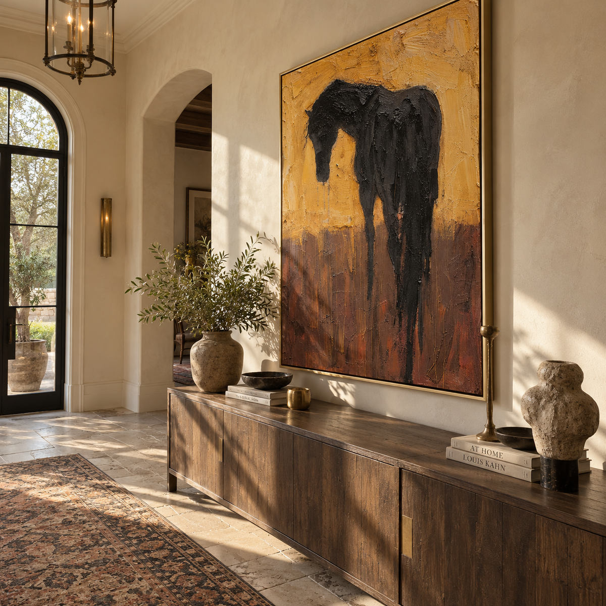 Black Horse Bows Ochre - black horse portrait painting by Laura Chen, modern Western vertical wall art - displayed next to a dark wood cabinet