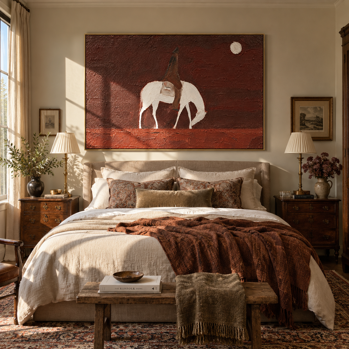 White Horse Waits Moon - saddled white horse painting by Laura Chen, modern Western horizontal wall art - displayed above a living room sofa