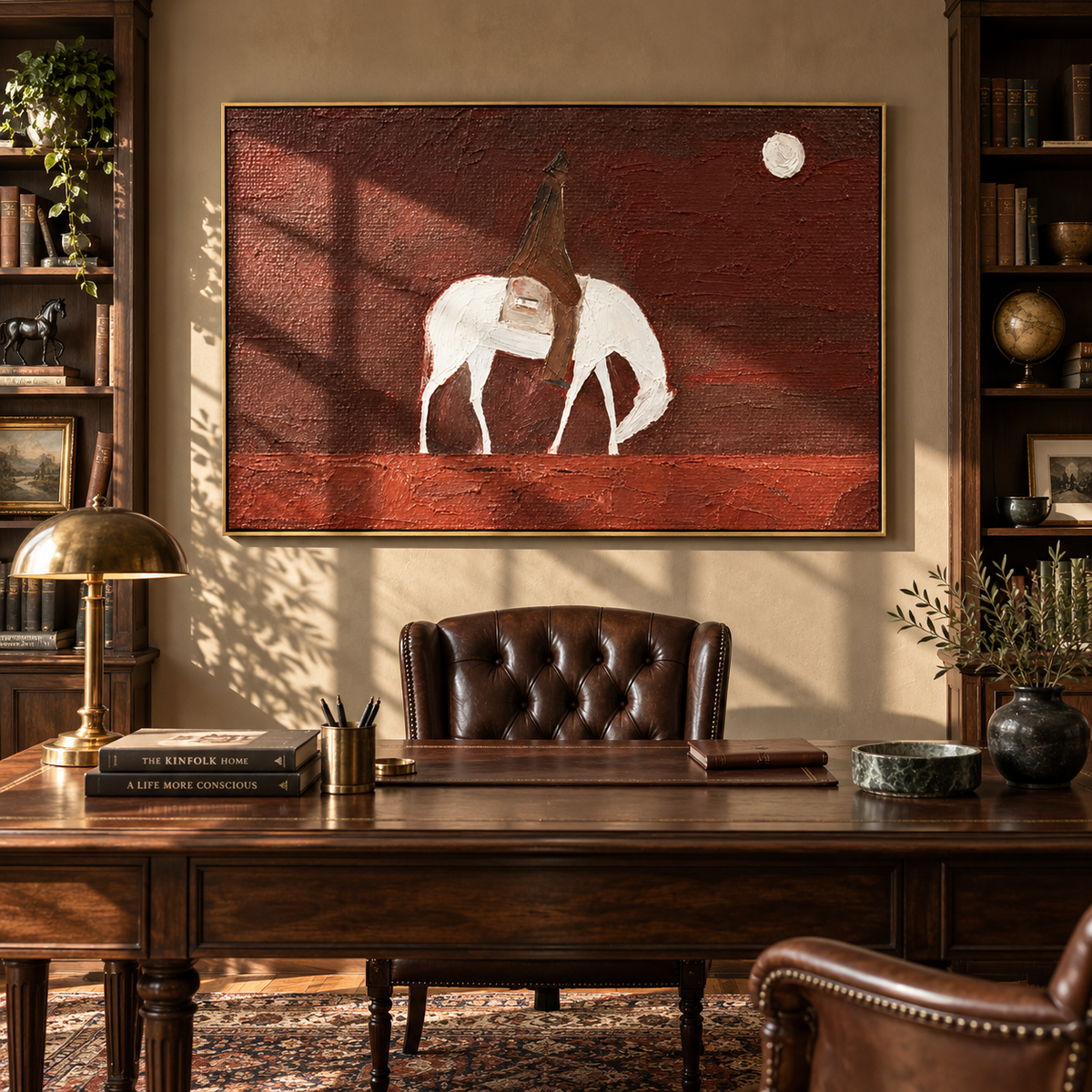 White Horse Waits Moon - saddled white horse painting by Laura Chen, modern Western horizontal wall art - displayed beside a dining sideboard
