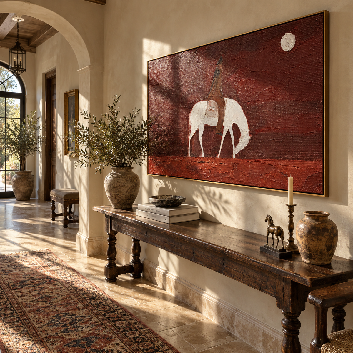 White Horse Waits Moon - saddled white horse painting by Laura Chen, modern Western horizontal wall art - displayed in an open-plan lounge