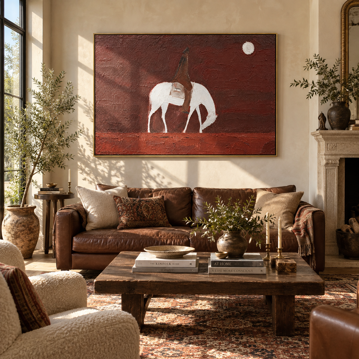White Horse Waits Moon - saddled white horse painting by Laura Chen, modern Western horizontal wall art - displayed above a long oak cabinet