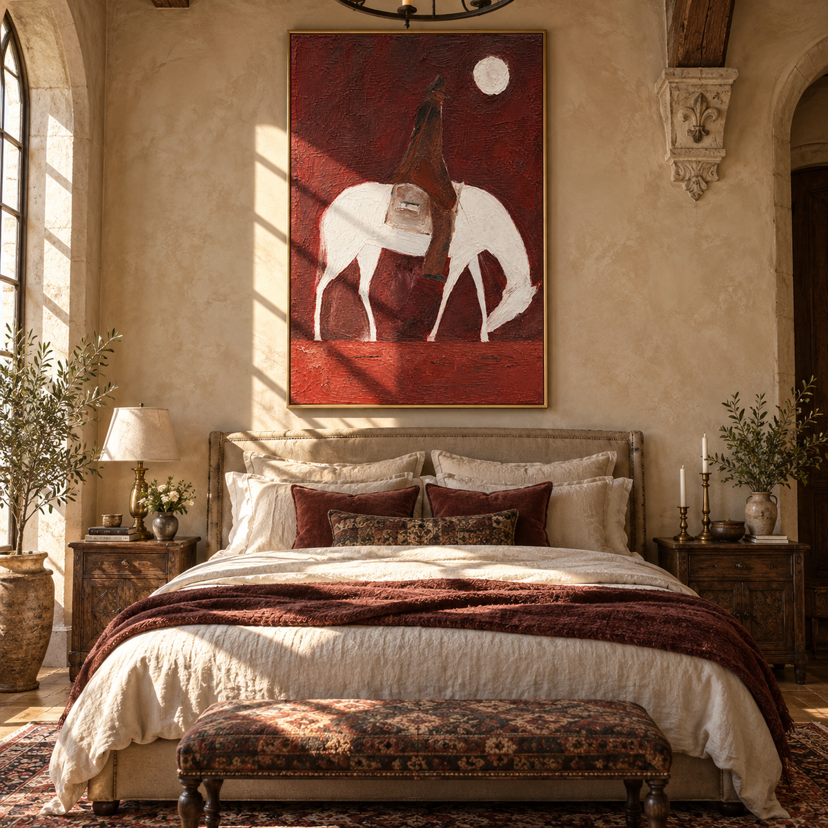 White Horse Bows Burgundy - saddled white horse painting by Laura Chen, modern Western vertical wall art - displayed in a tall entryway