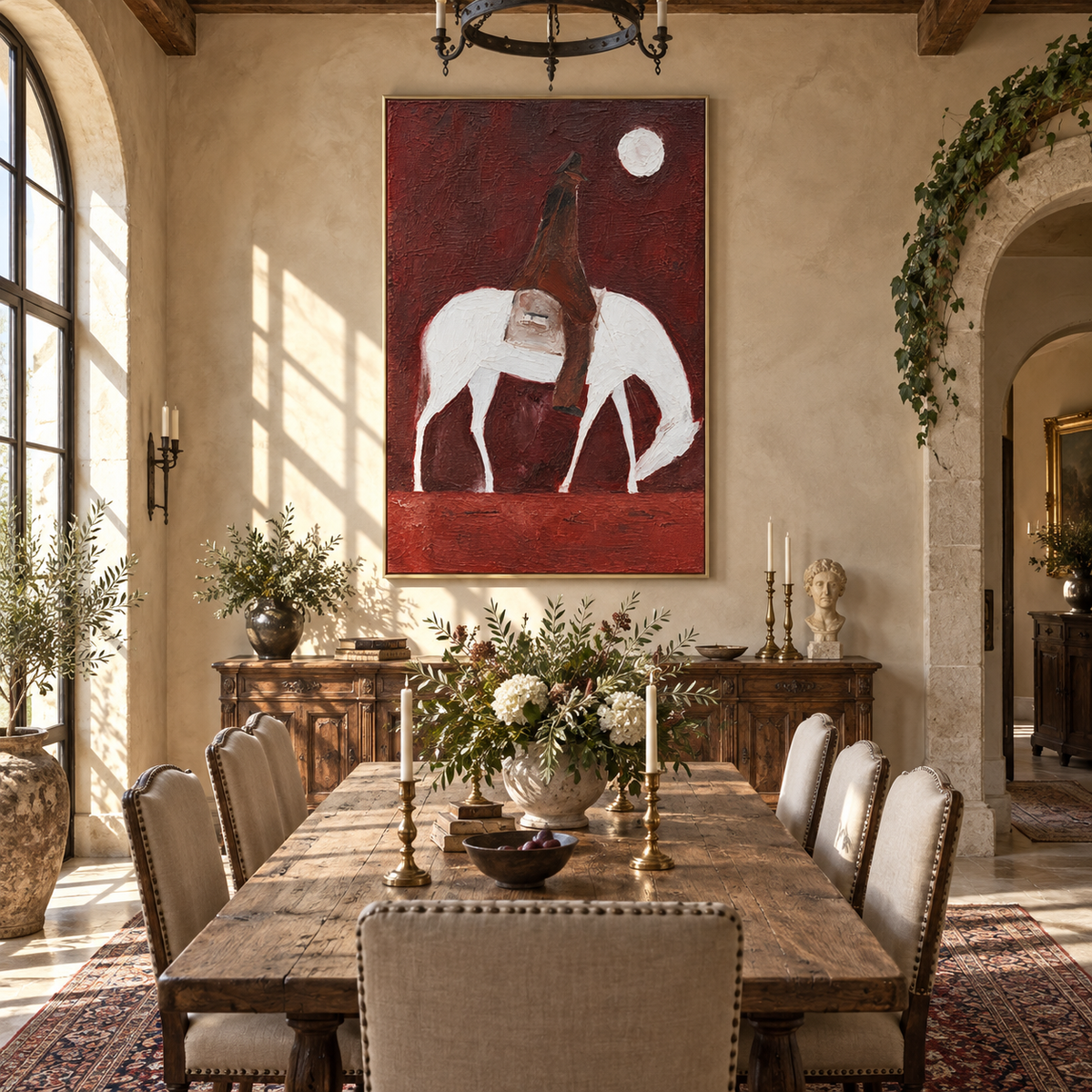 White Horse Bows Burgundy - saddled white horse painting by Laura Chen, modern Western vertical wall art - displayed beside a reading chair
