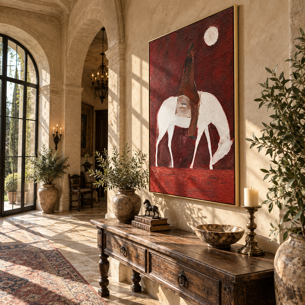 White Horse Bows Burgundy - saddled white horse painting by Laura Chen, modern Western vertical wall art - displayed above a narrow living room console