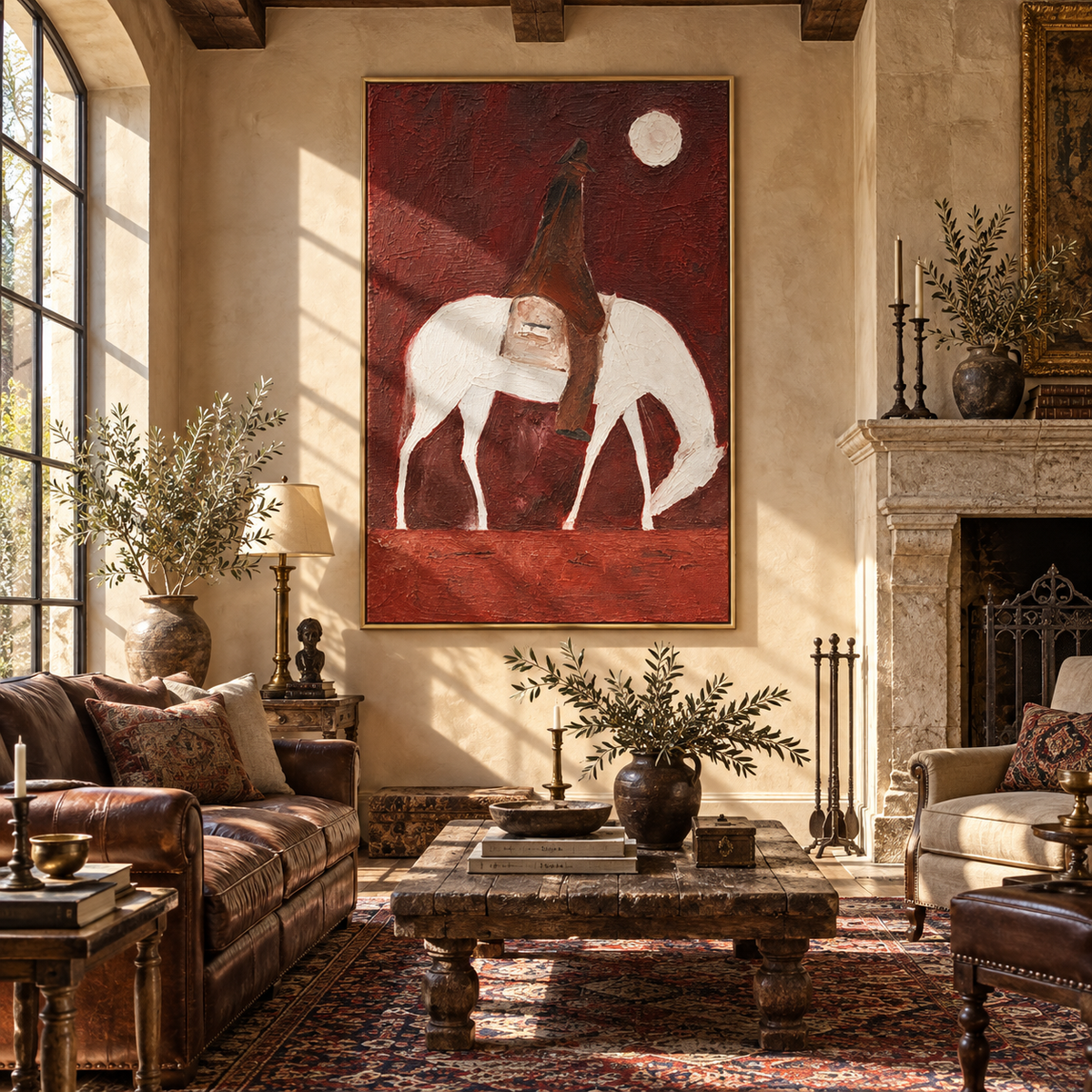 White Horse Bows Burgundy - saddled white horse painting by Laura Chen, modern Western vertical wall art - displayed along a hotel corridor