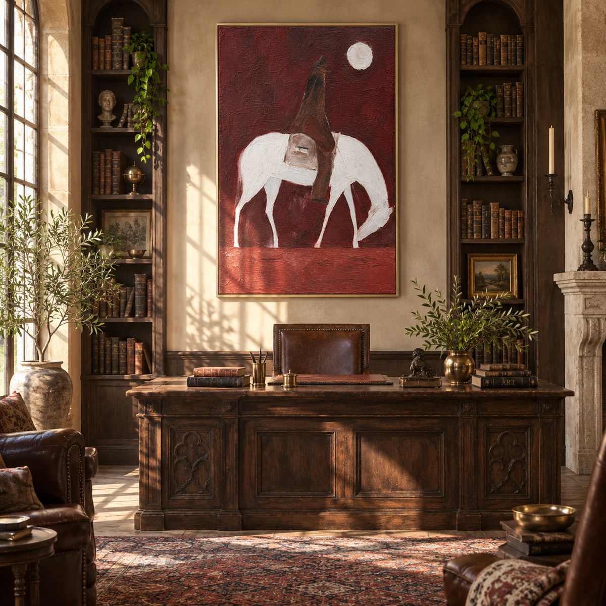 White Horse Bows Burgundy - saddled white horse painting by Laura Chen, modern Western vertical wall art - displayed next to a dark wood cabinet