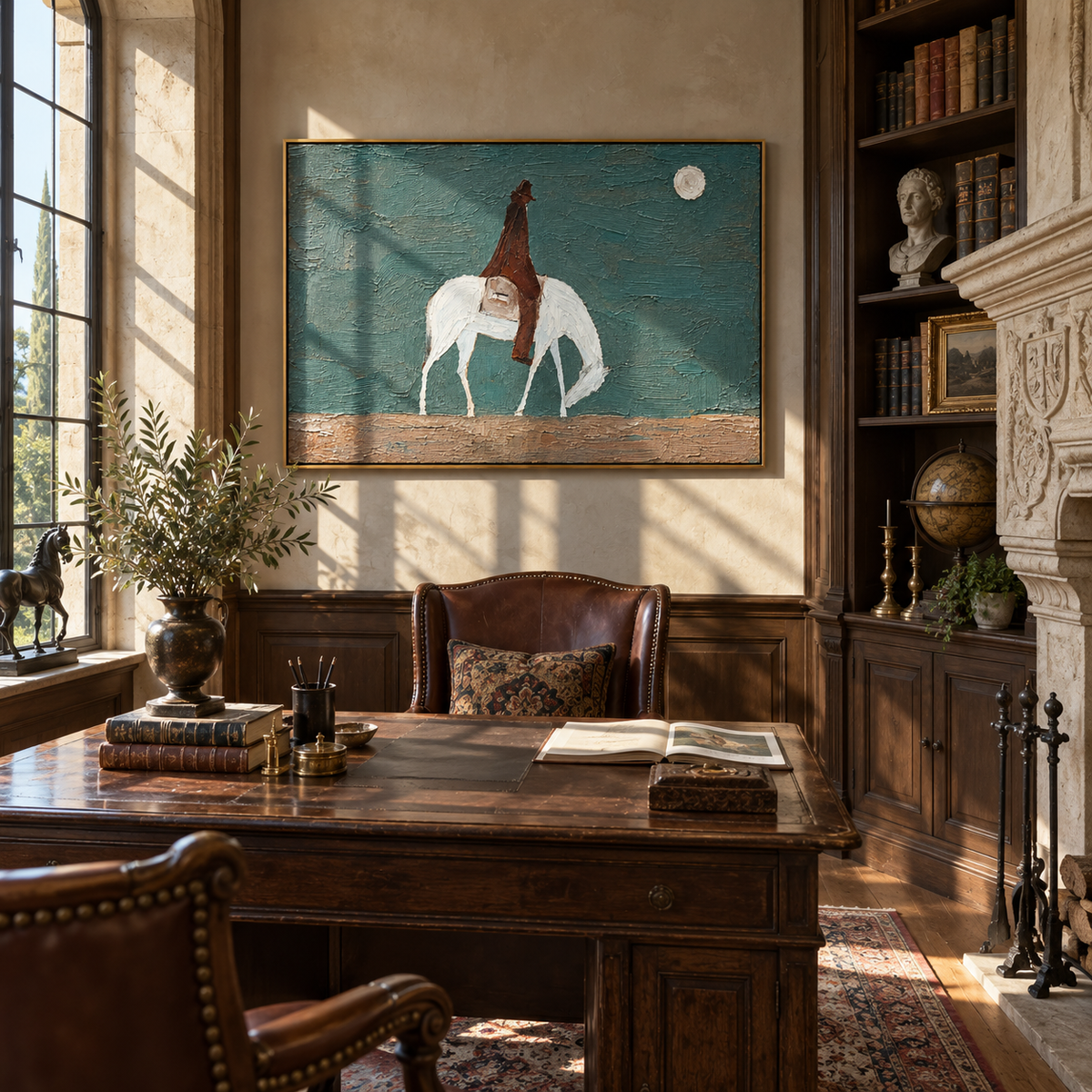 White Horse Crosses Teal - grazing white horse painting by Laura Chen, modern Western horizontal wall art - displayed beside a dining sideboard