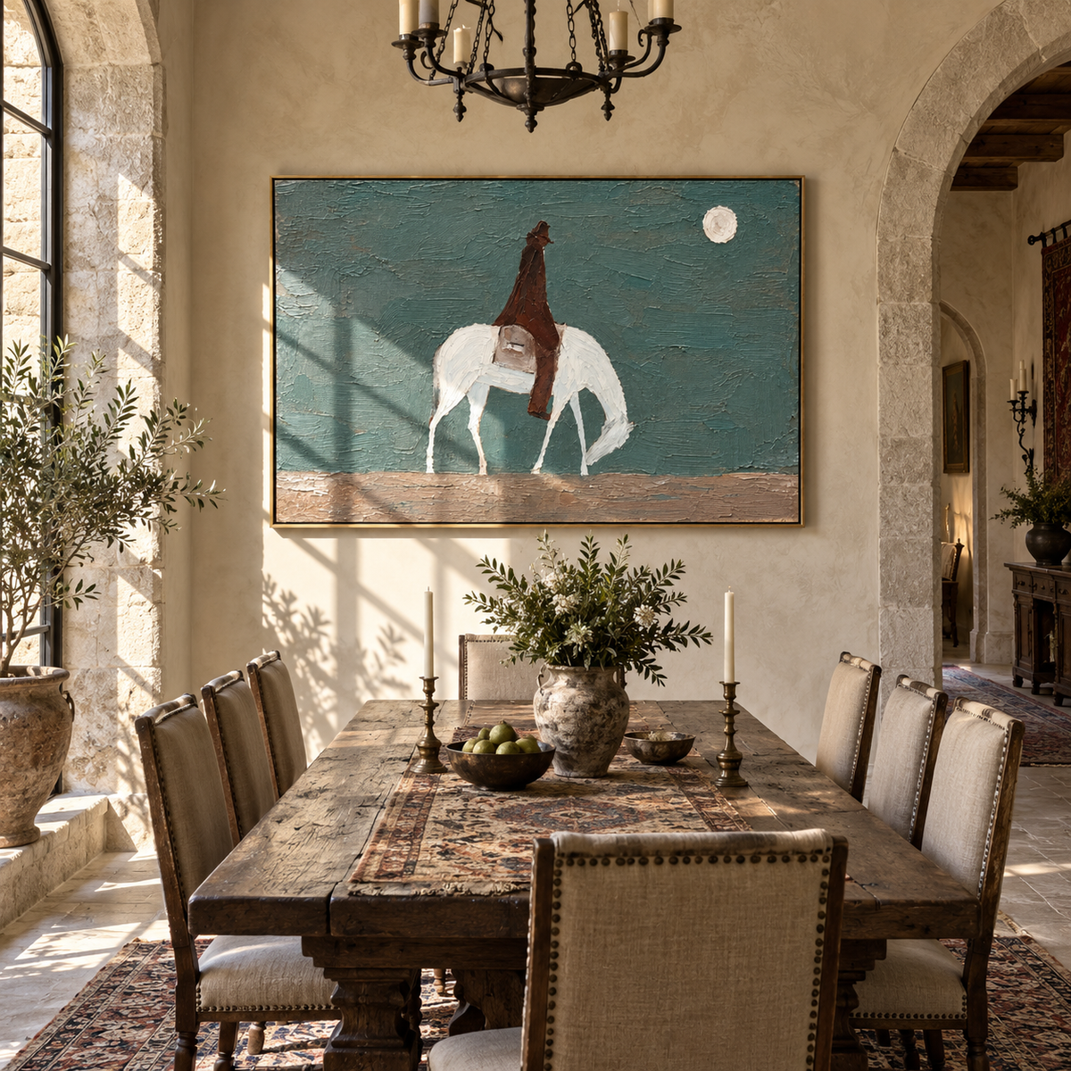 White Horse Crosses Teal - grazing white horse painting by Laura Chen, modern Western horizontal wall art - displayed over a home office credenza