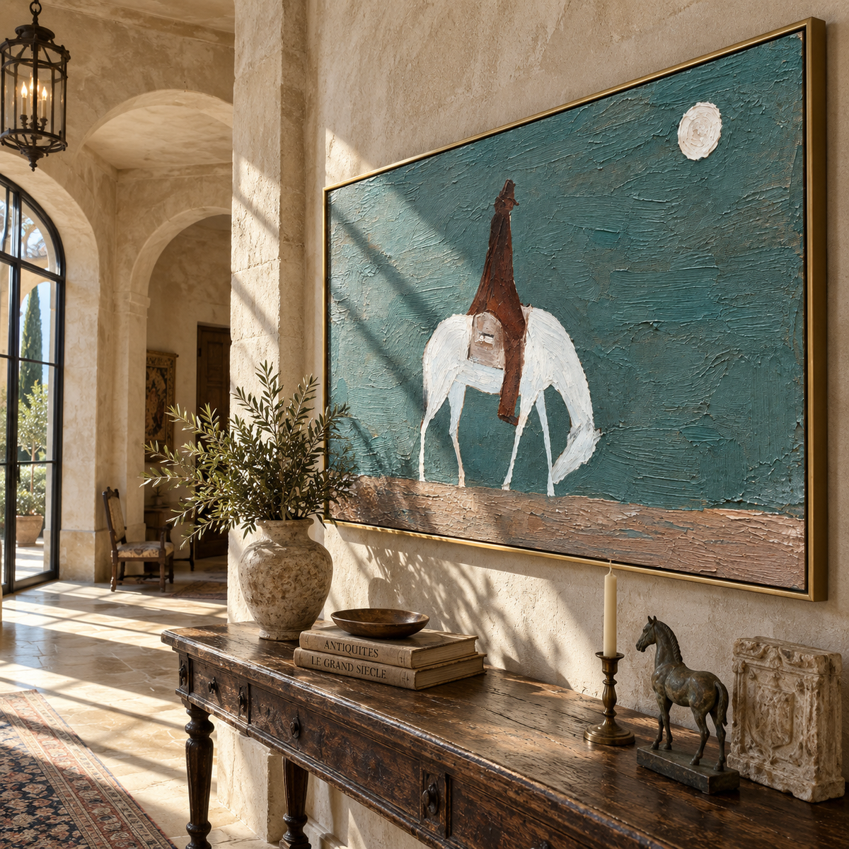 White Horse Crosses Teal - grazing white horse painting by Laura Chen, modern Western horizontal wall art - displayed in an open-plan lounge