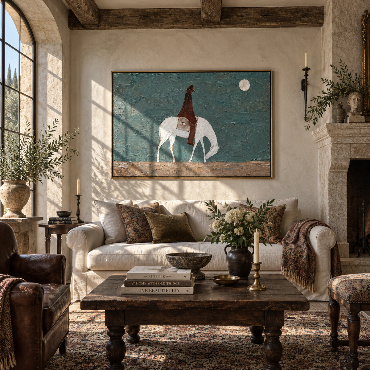 White Horse Crosses Teal - grazing white horse painting by Laura Chen, modern Western horizontal wall art - displayed above a long oak cabinet