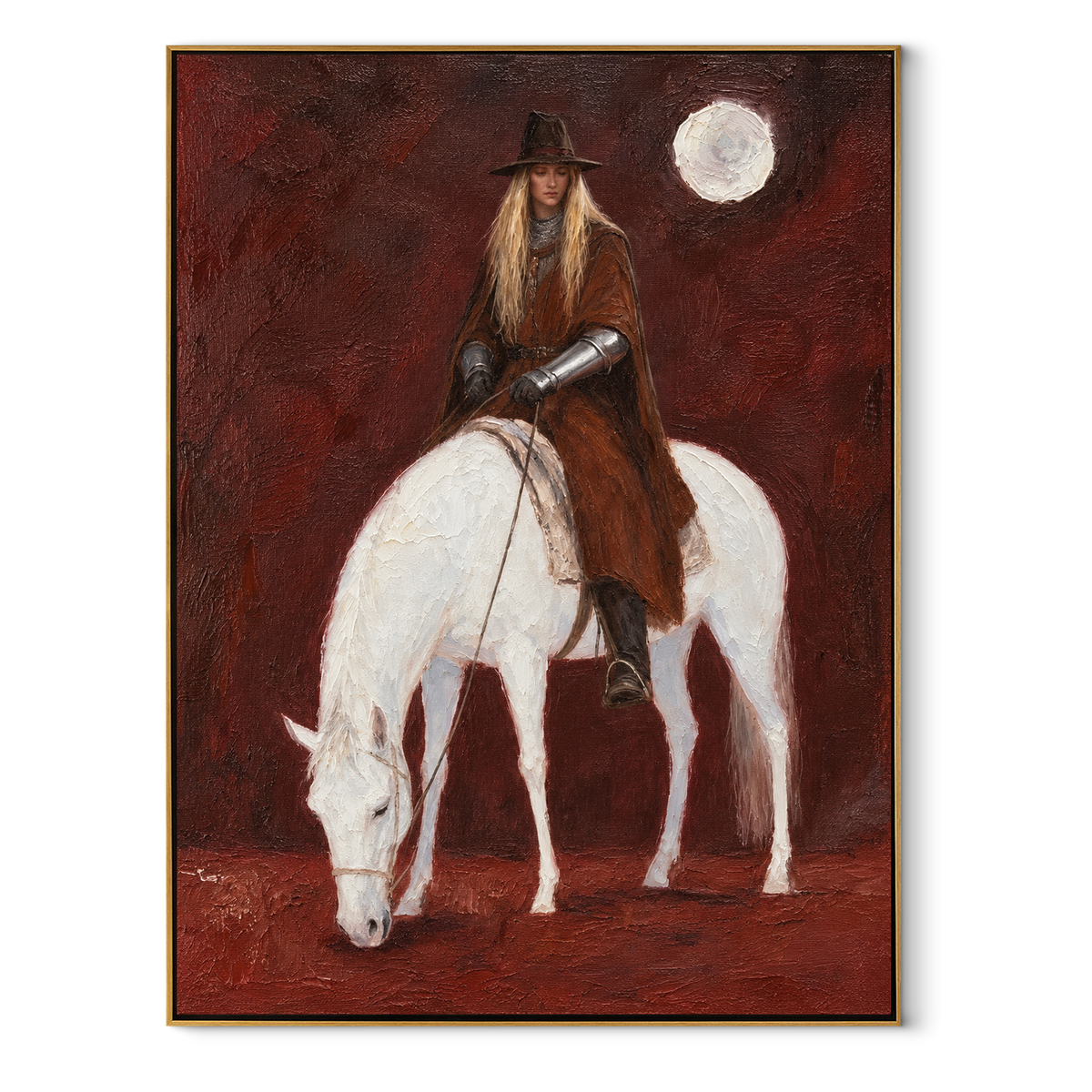 Moon Watches Quiet Rider - woman riding white horse painting by Laura Chen, modern Western vertical wall art - wood frame on white background