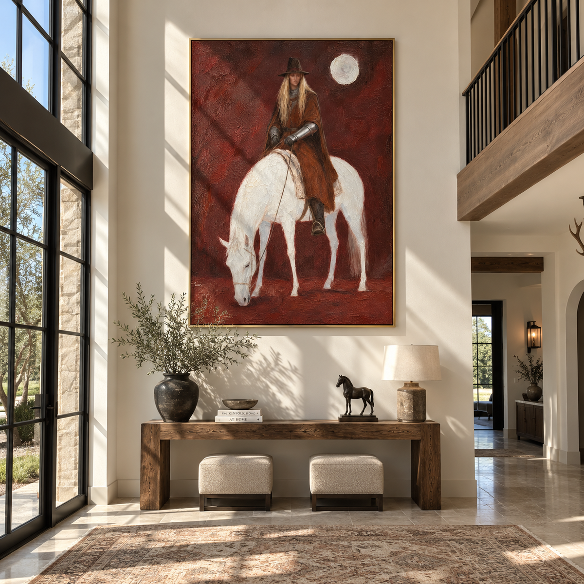 Moon Watches Quiet Rider - woman riding white horse painting by Laura Chen, modern Western vertical wall art - displayed above a narrow living room console
