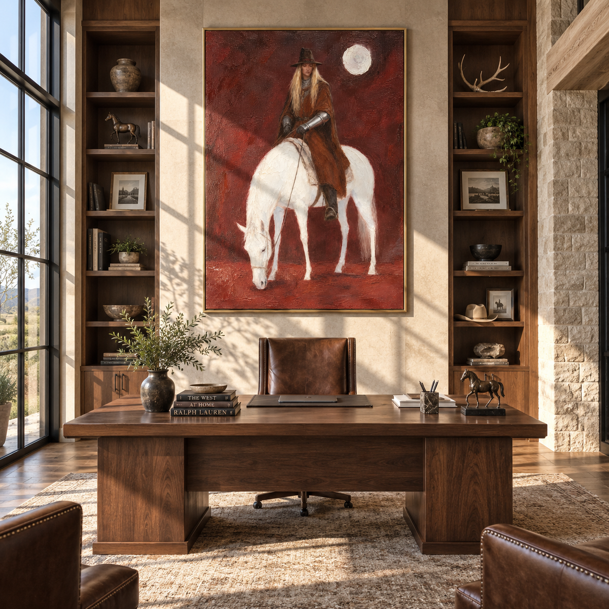 Moon Watches Quiet Rider - woman riding white horse painting by Laura Chen, modern Western vertical wall art - displayed along a hotel corridor