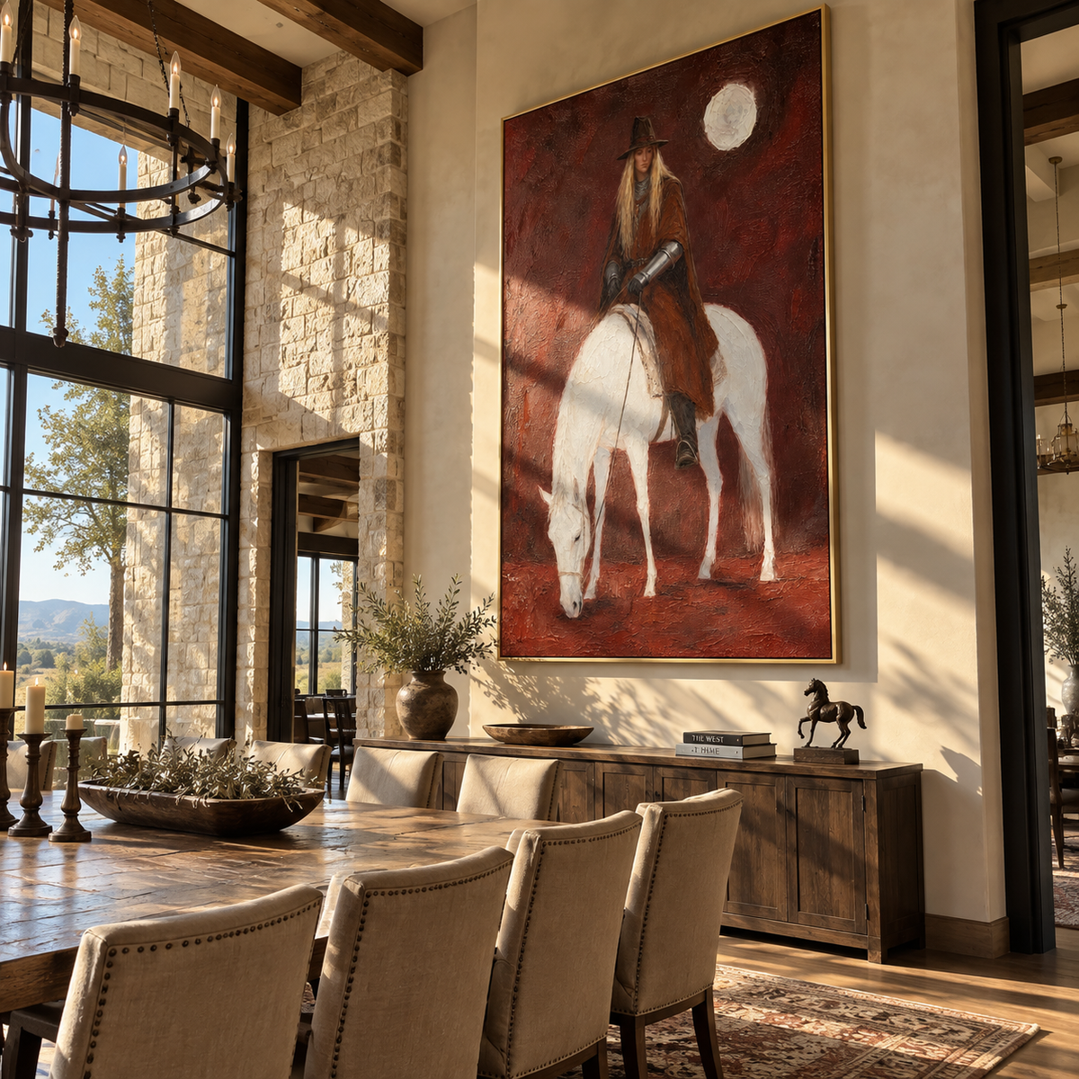 Moon Watches Quiet Rider - woman riding white horse painting by Laura Chen, modern Western vertical wall art - displayed next to a dark wood cabinet