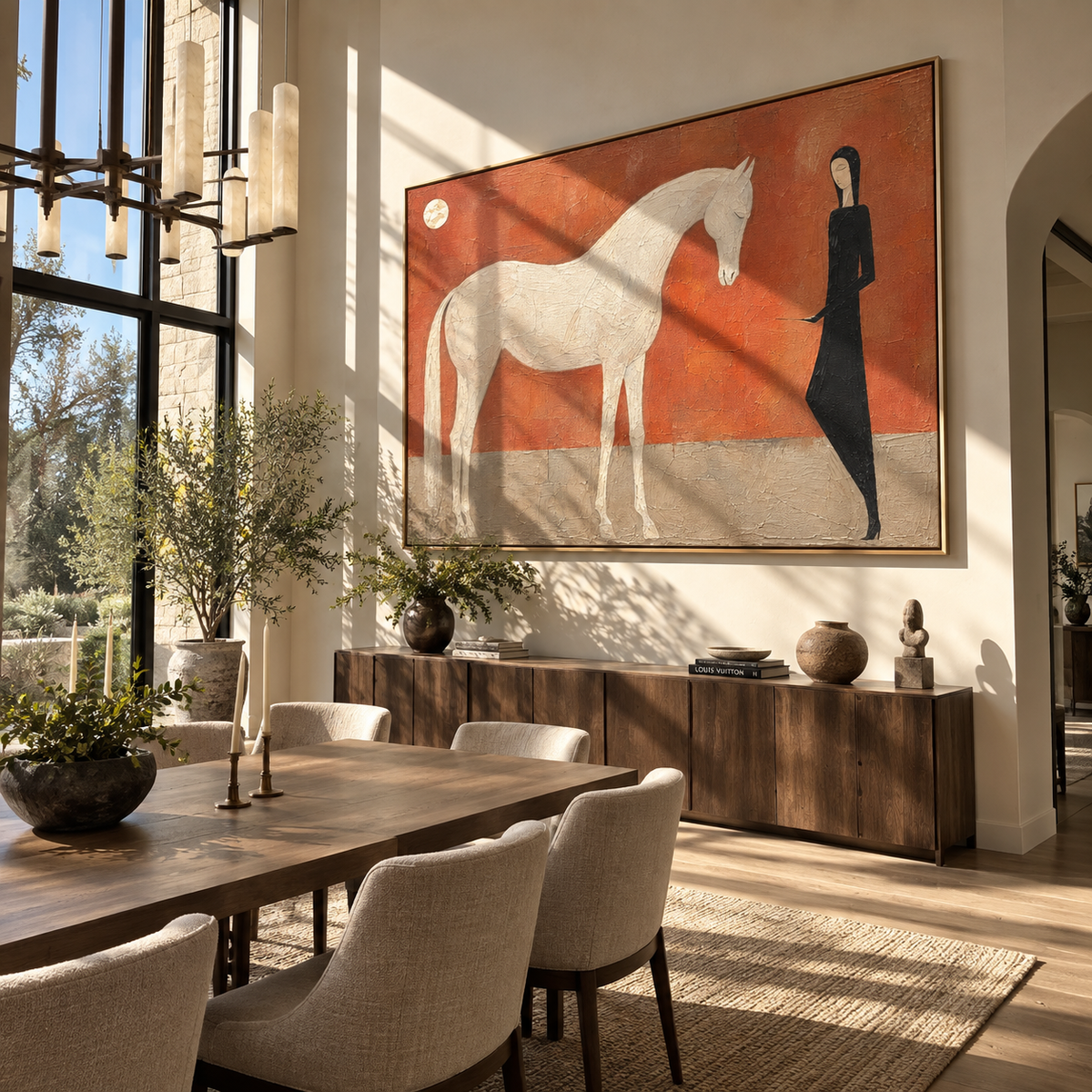 White Horse Meets Shadow - woman and white horse painting by Laura Chen, modern Western horizontal wall art - displayed above a living room sofa