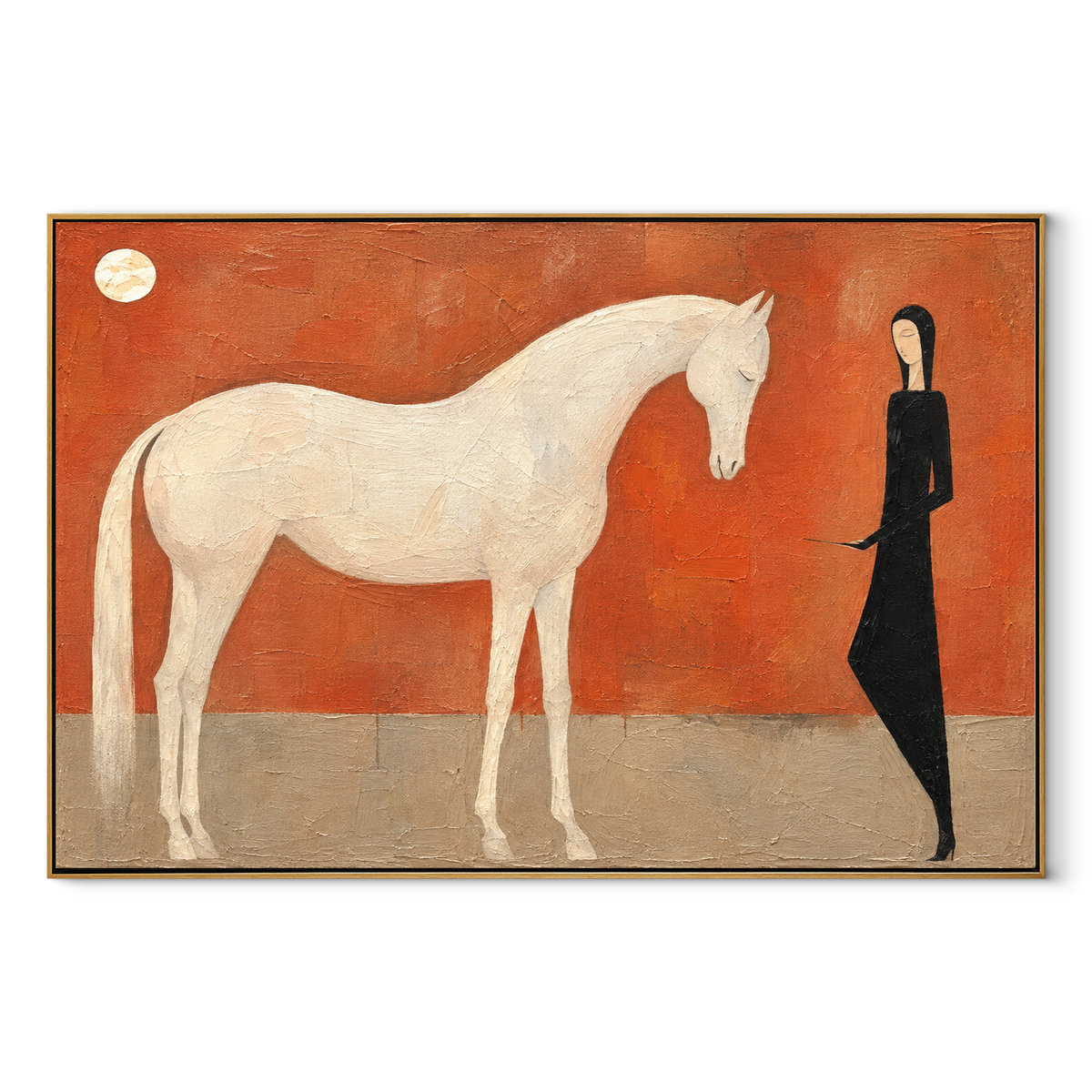 White Horse Meets Shadow - woman and white horse painting by Laura Chen, modern Western horizontal wall art - wood frame on white background