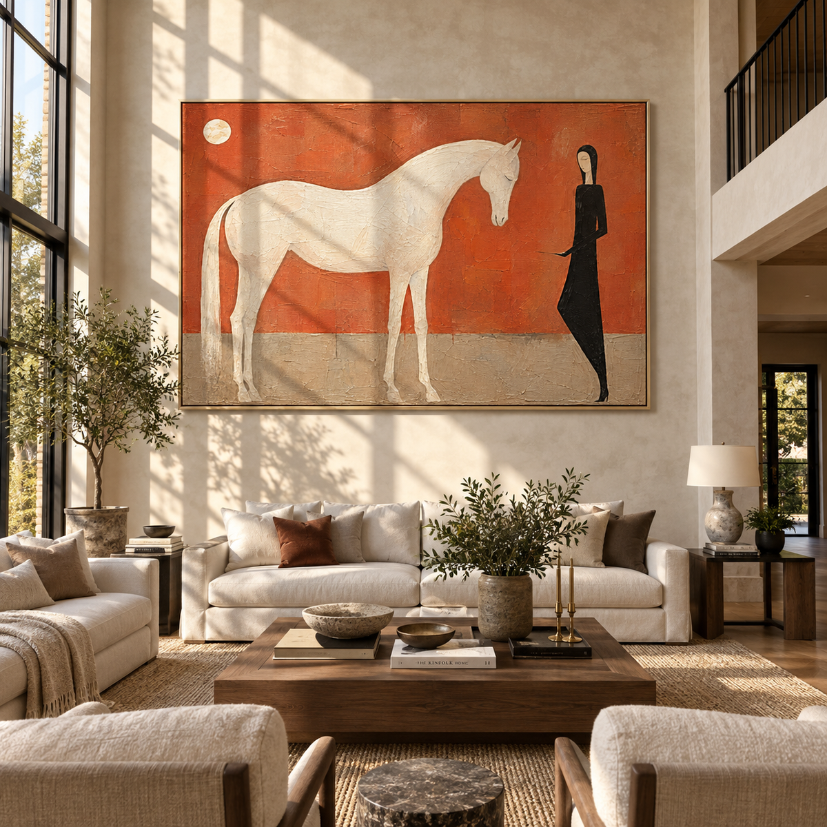 White Horse Meets Shadow - woman and white horse painting by Laura Chen, modern Western horizontal wall art - displayed beside a dining sideboard