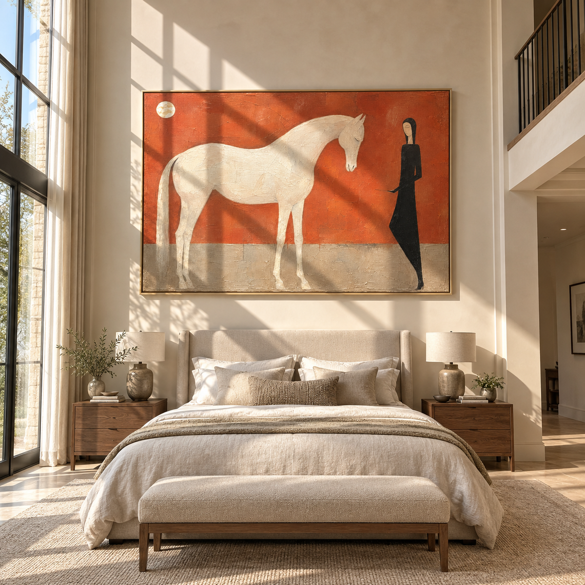 White Horse Meets Shadow - woman and white horse painting by Laura Chen, modern Western horizontal wall art - displayed in an open-plan lounge