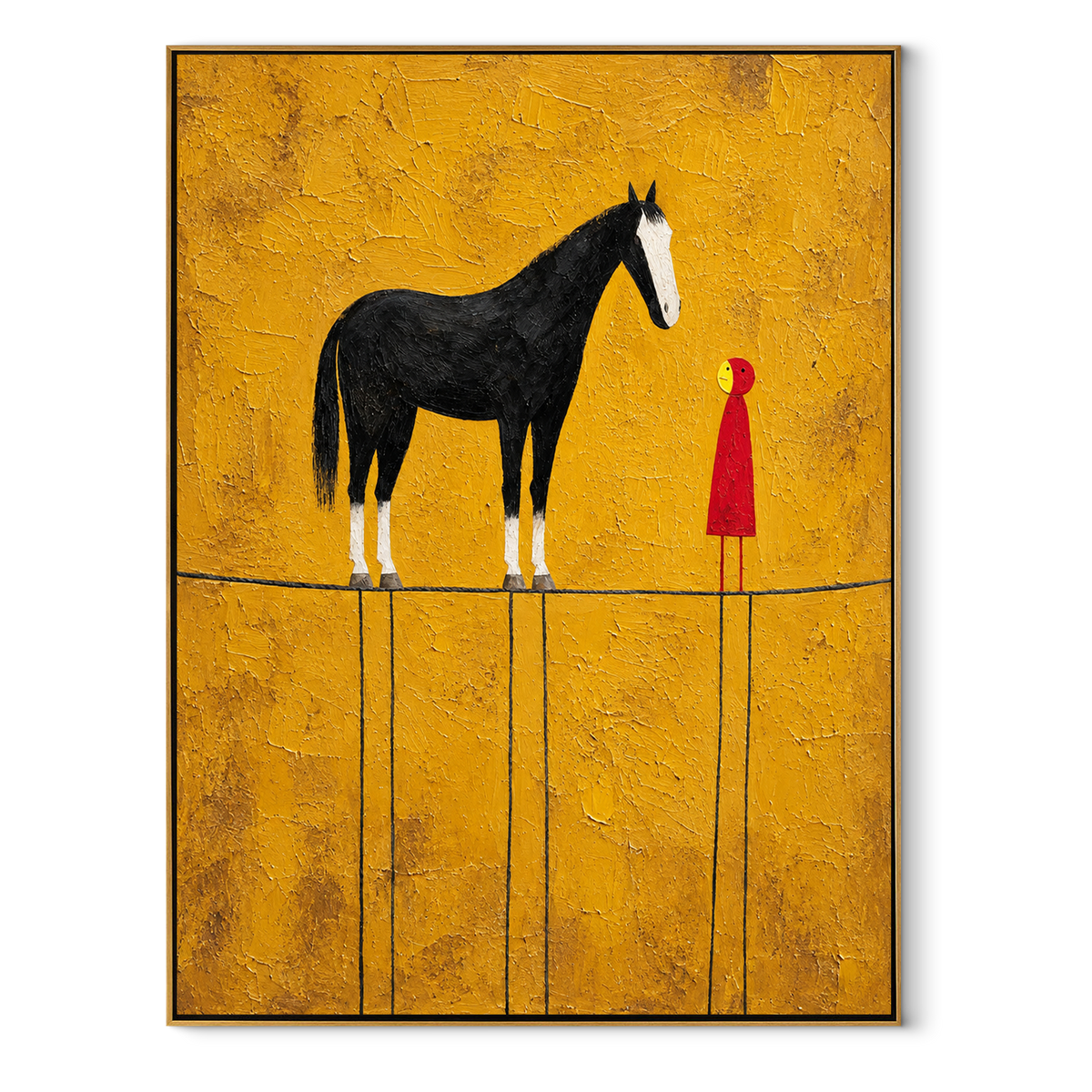 Black Horse Meets Crimson - woman beside black horse painting by Laura Chen, modern Western vertical wall art - wood frame on white background
