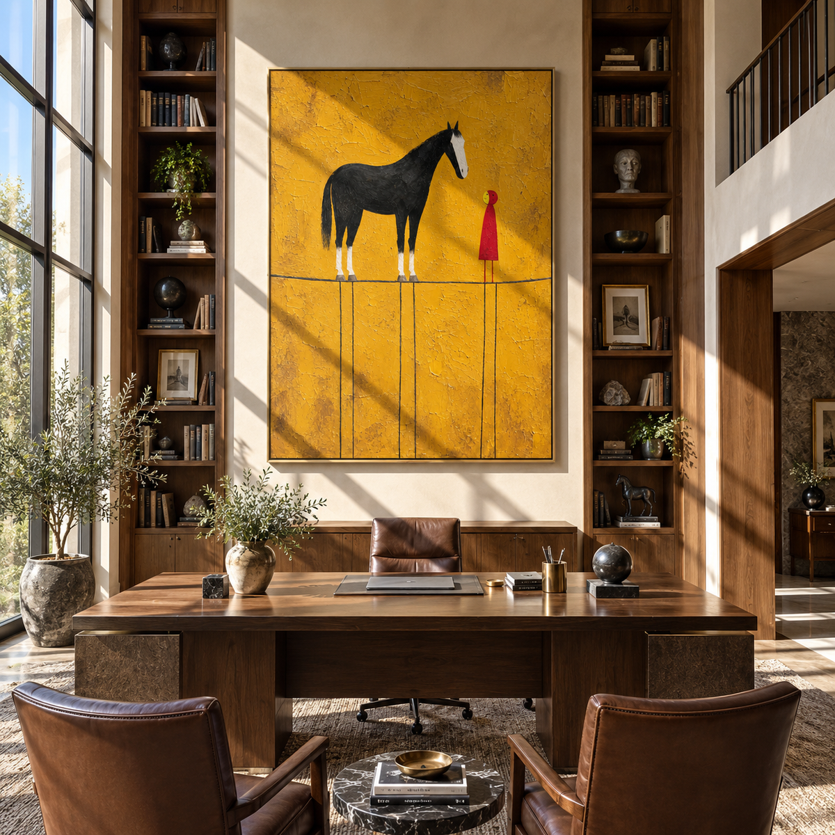 Black Horse Meets Crimson - woman beside black horse painting by Laura Chen, modern Western vertical wall art - displayed along a hotel corridor