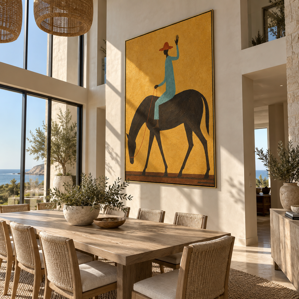 Blue Rider Raises Hand - cowboy on black horse painting by Laura Chen, modern Western vertical wall art - displayed beside a reading chair