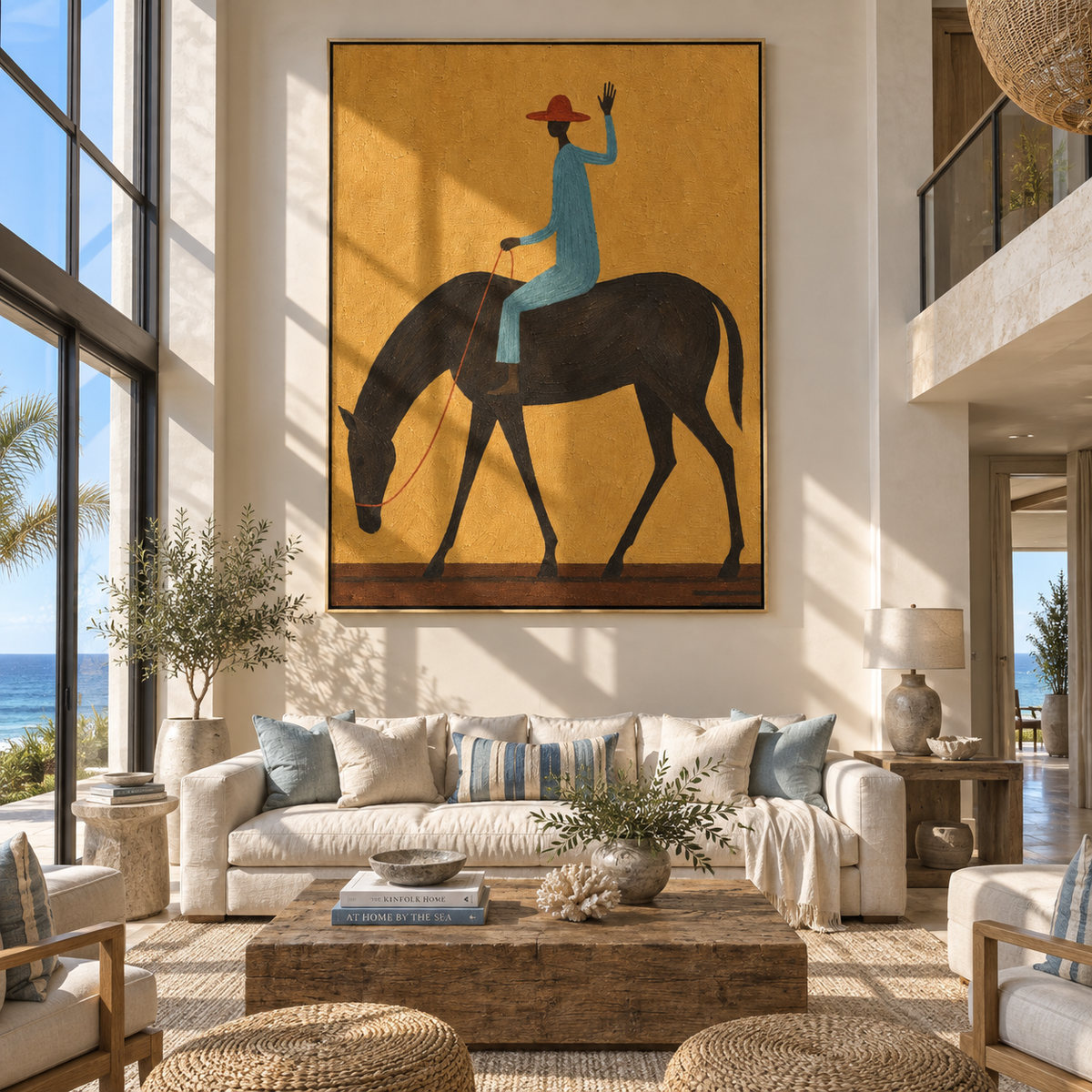 Blue Rider Raises Hand - cowboy on black horse painting by Laura Chen, modern Western vertical wall art - displayed above a narrow living room console