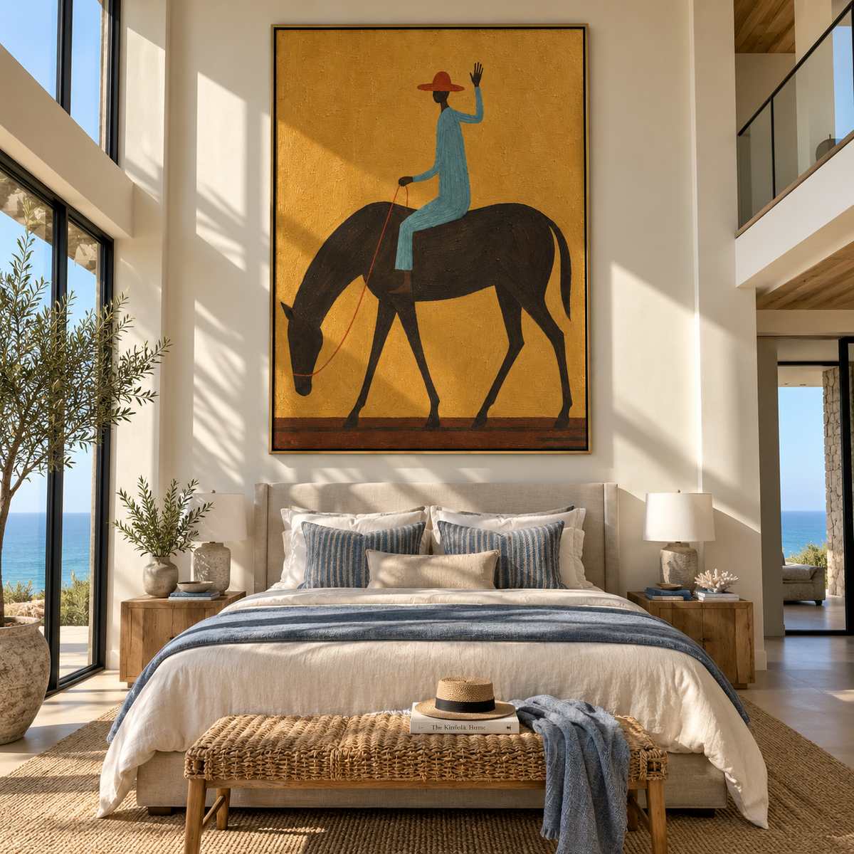 Blue Rider Raises Hand - cowboy on black horse painting by Laura Chen, modern Western vertical wall art - displayed along a hotel corridor