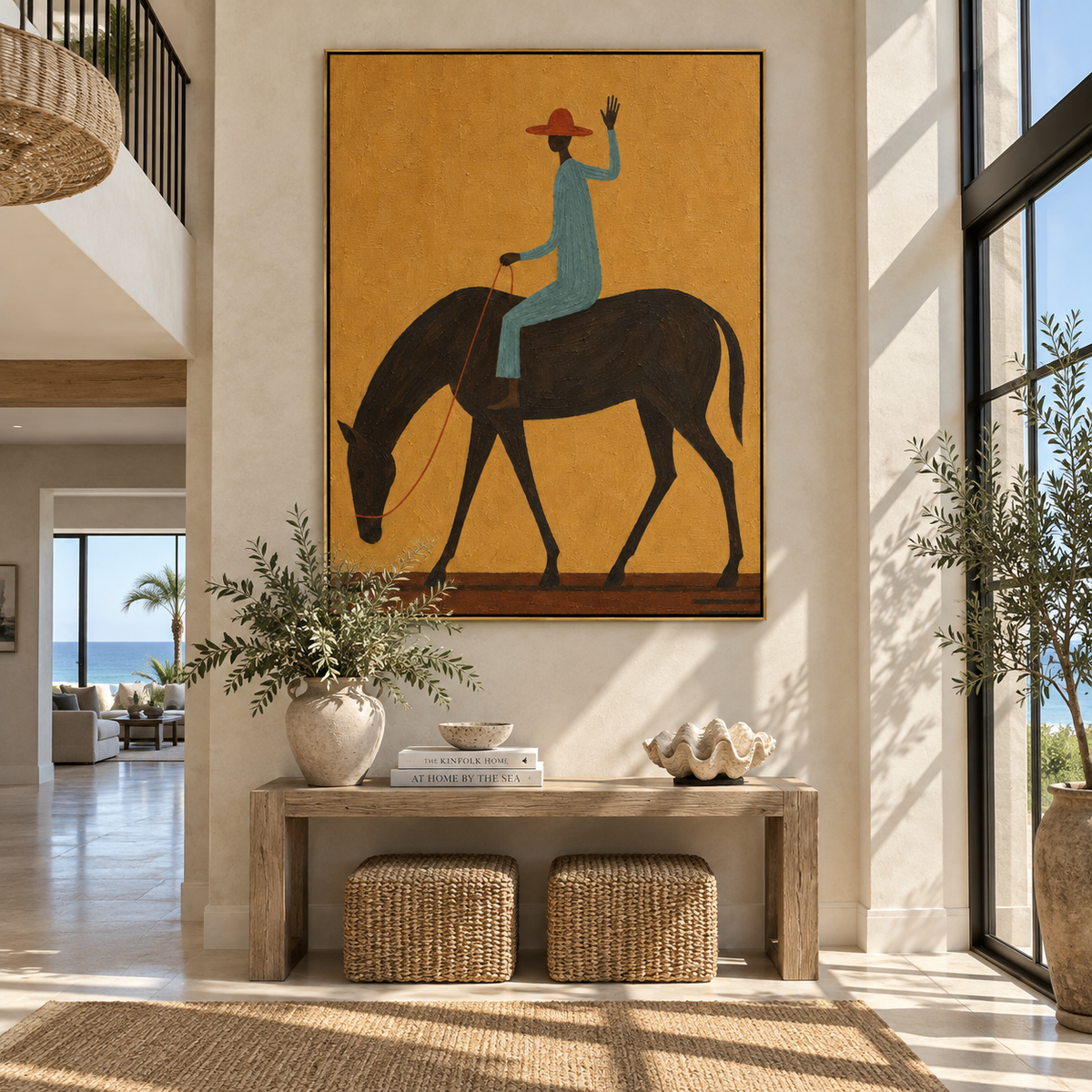 Blue Rider Raises Hand - cowboy on black horse painting by Laura Chen, modern Western vertical wall art - displayed next to a dark wood cabinet