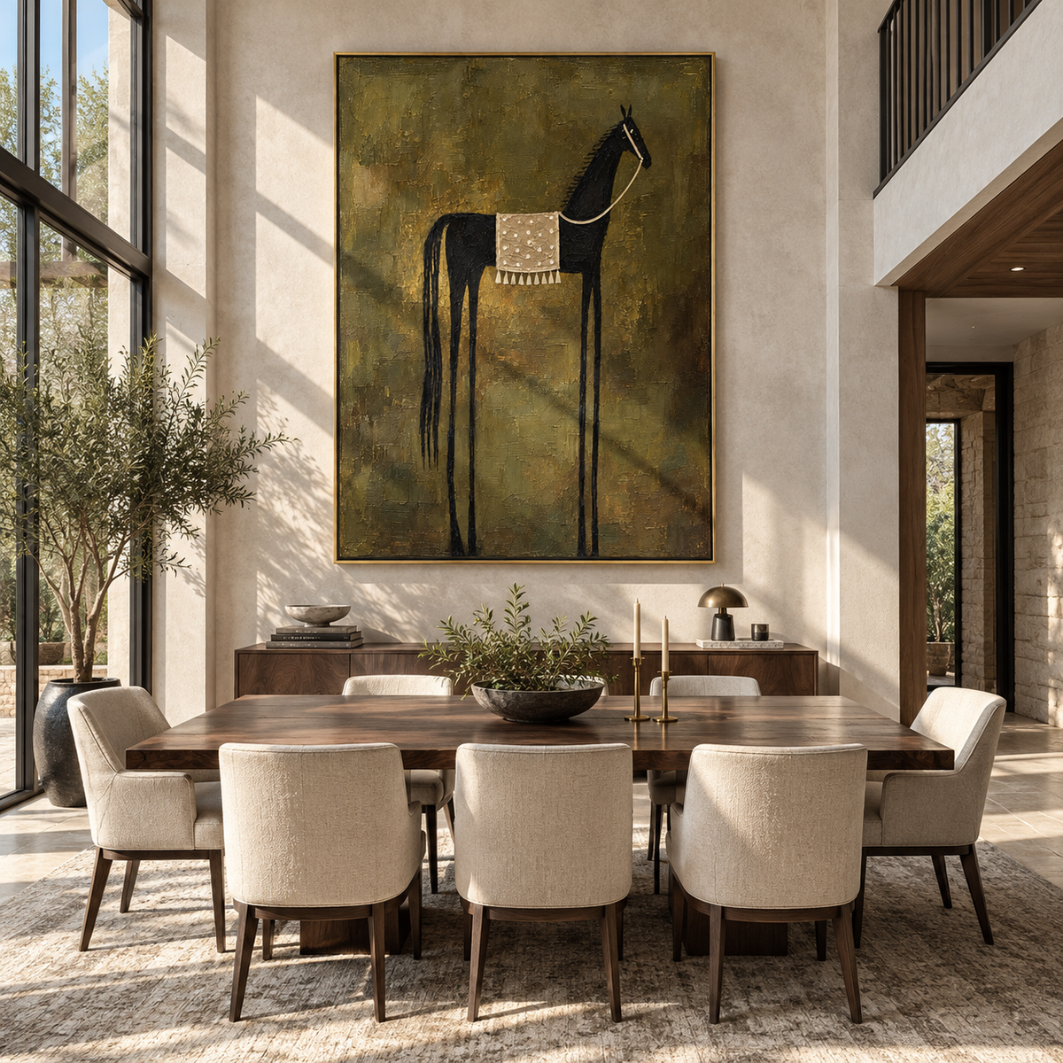 Black Horse Holds Silence - saddled black horse painting by Laura Chen, modern Western vertical wall art - displayed in a tall entryway