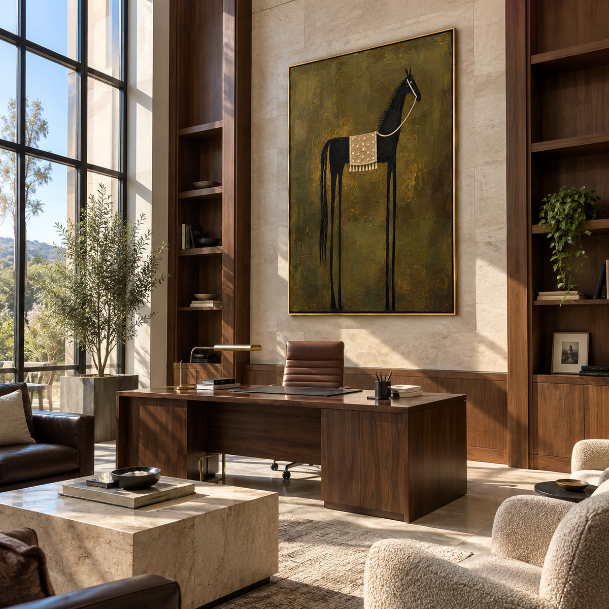 Black Horse Holds Silence - saddled black horse painting by Laura Chen, modern Western vertical wall art - displayed beside a reading chair