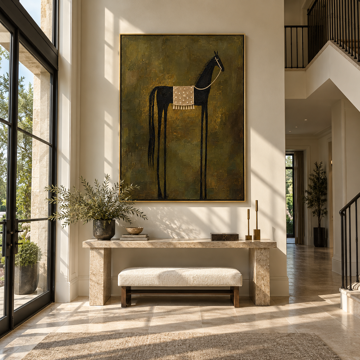 Black Horse Holds Silence - saddled black horse painting by Laura Chen, modern Western vertical wall art - displayed next to a dark wood cabinet