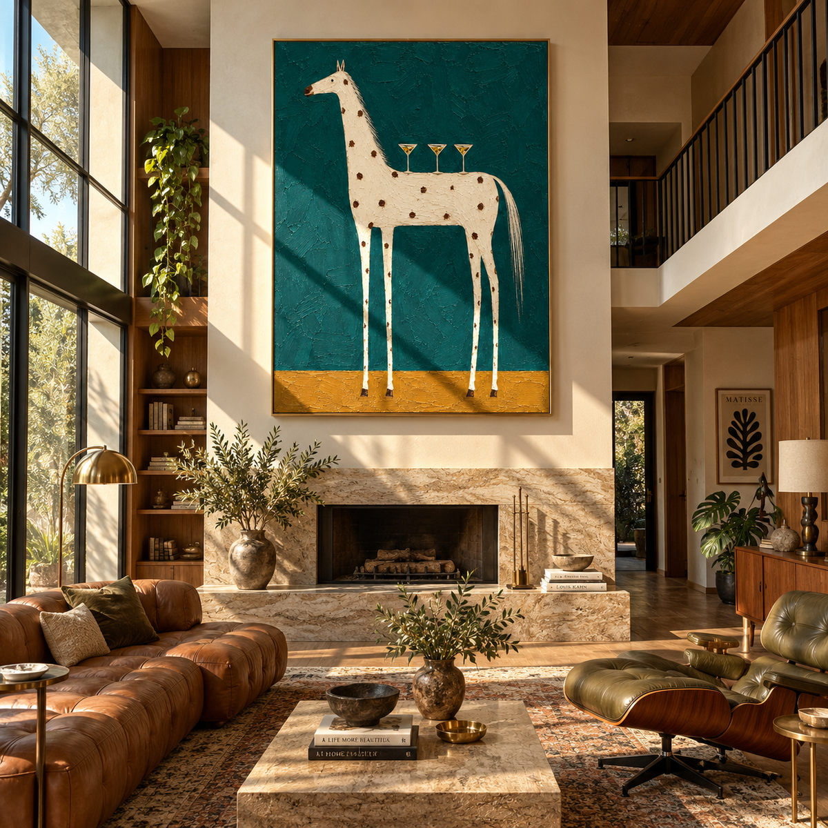 White Horse Carries Toasts - white horse with glasses painting by Laura Chen, modern Western vertical wall art - displayed in a tall entryway