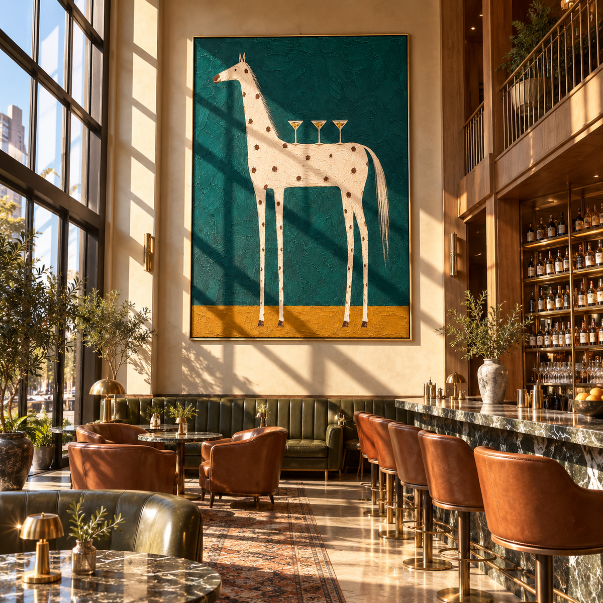 White Horse Carries Toasts - white horse with glasses painting by Laura Chen, modern Western vertical wall art - displayed beside a reading chair