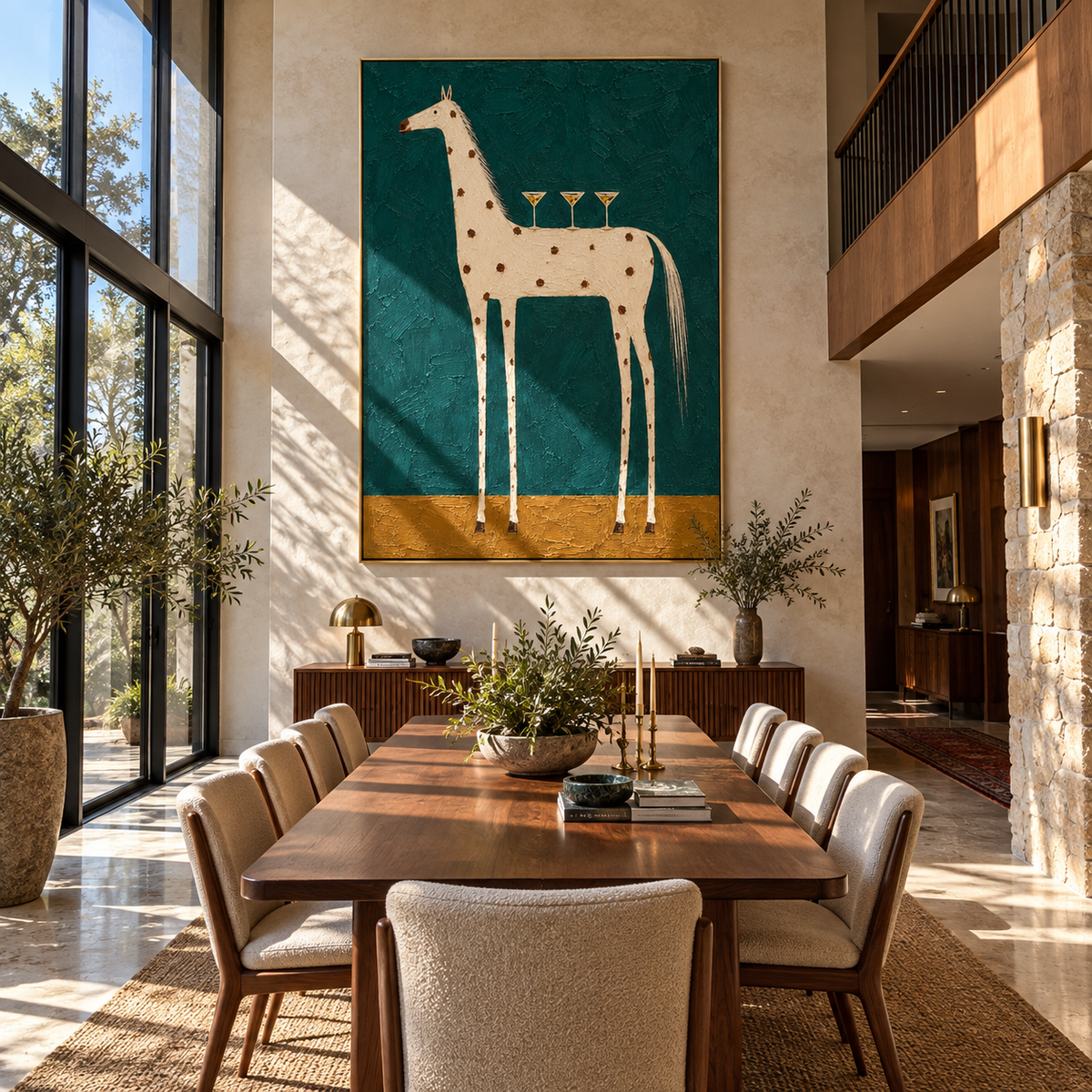 White Horse Carries Toasts - white horse with glasses painting by Laura Chen, modern Western vertical wall art - displayed along a hotel corridor