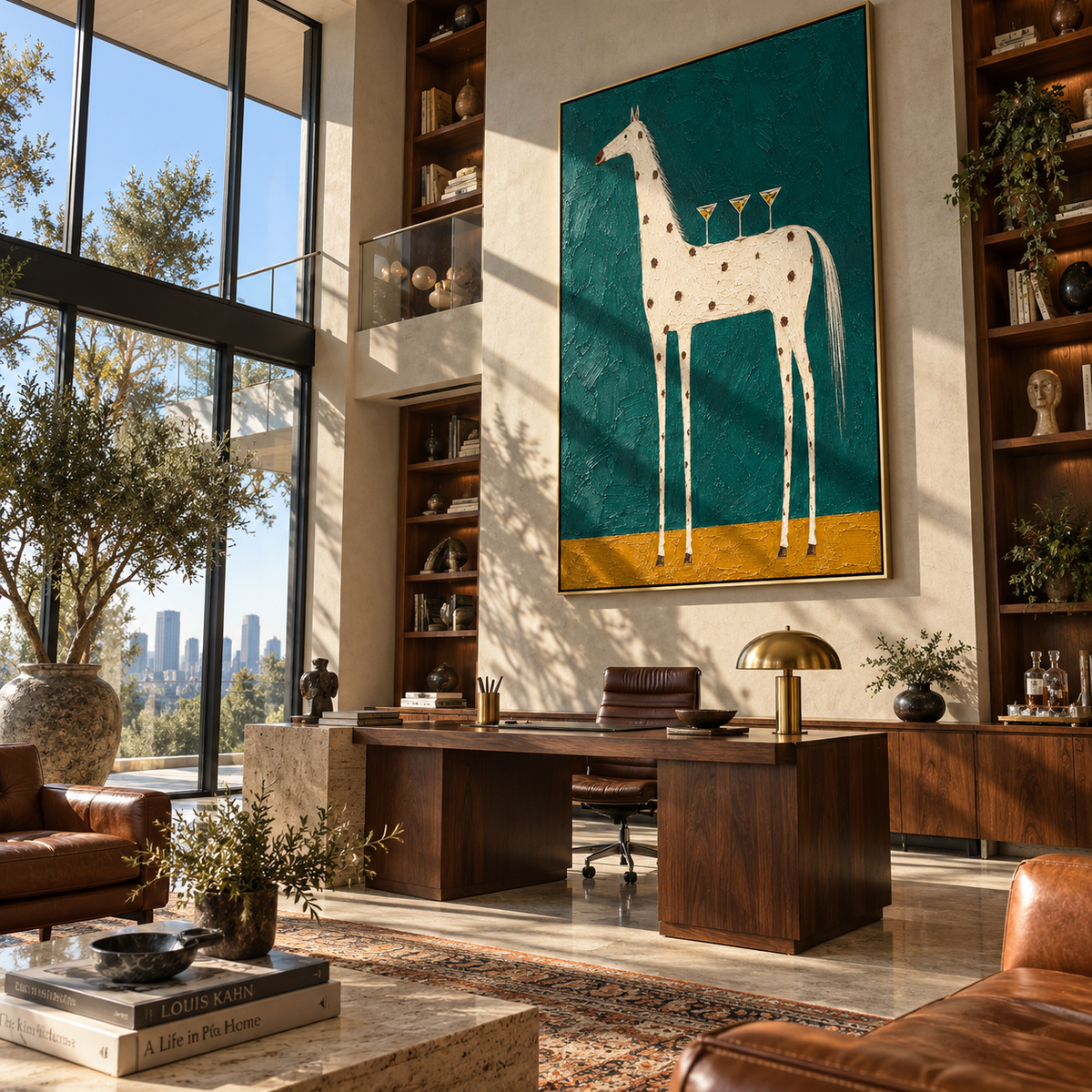 White Horse Carries Toasts - white horse with glasses painting by Laura Chen, modern Western vertical wall art - displayed next to a dark wood cabinet