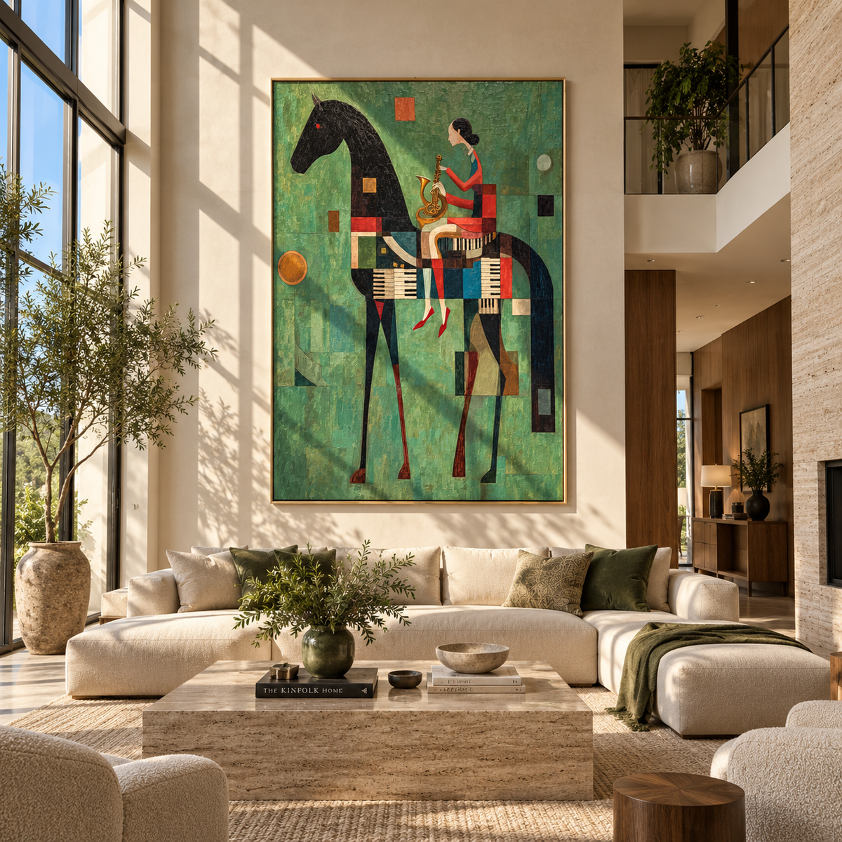 Red Woman Rides Geometry - woman on black horse painting by Laura Chen, modern Western vertical wall art - displayed in a tall entryway