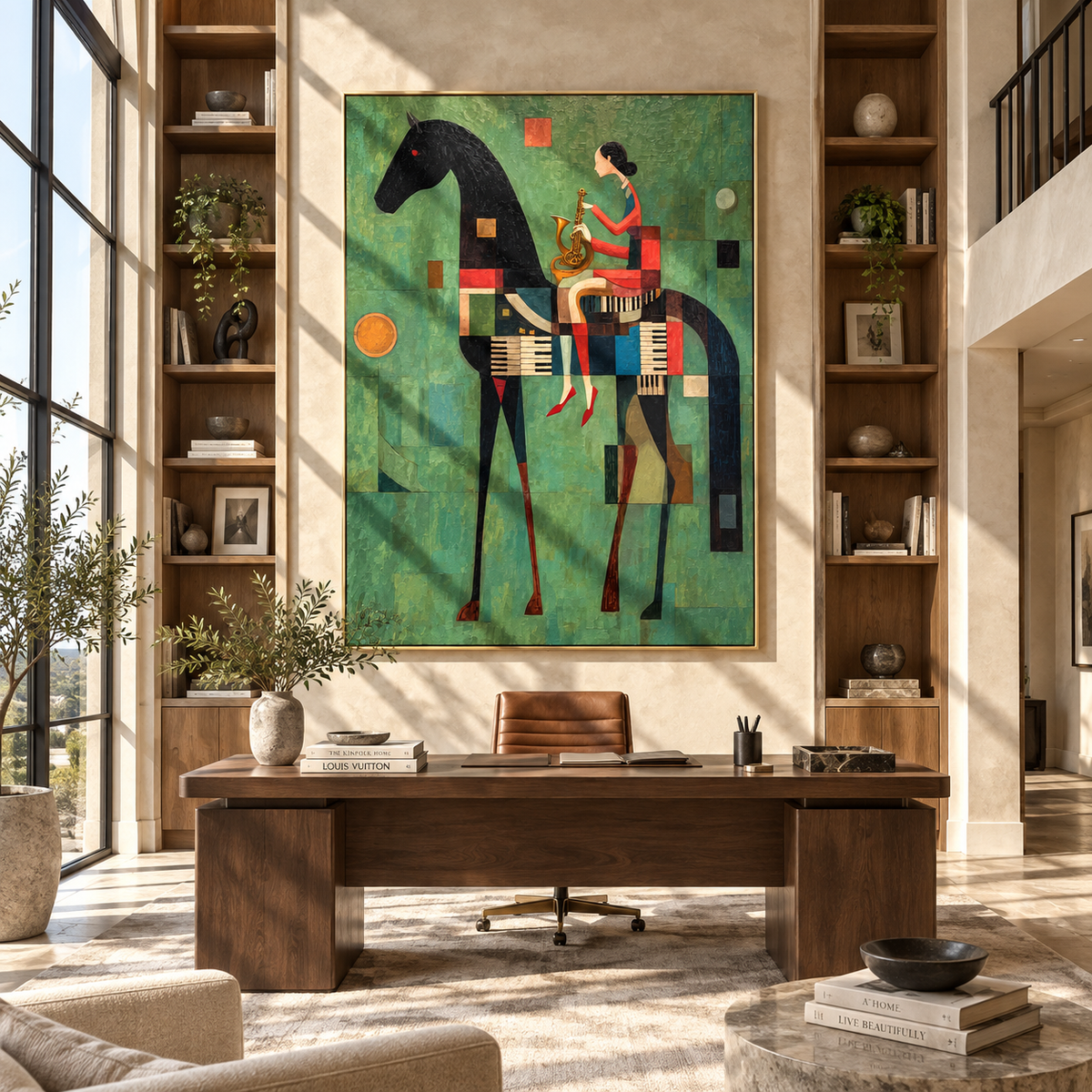 Red Woman Rides Geometry - woman on black horse painting by Laura Chen, modern Western vertical wall art - displayed beside a reading chair
