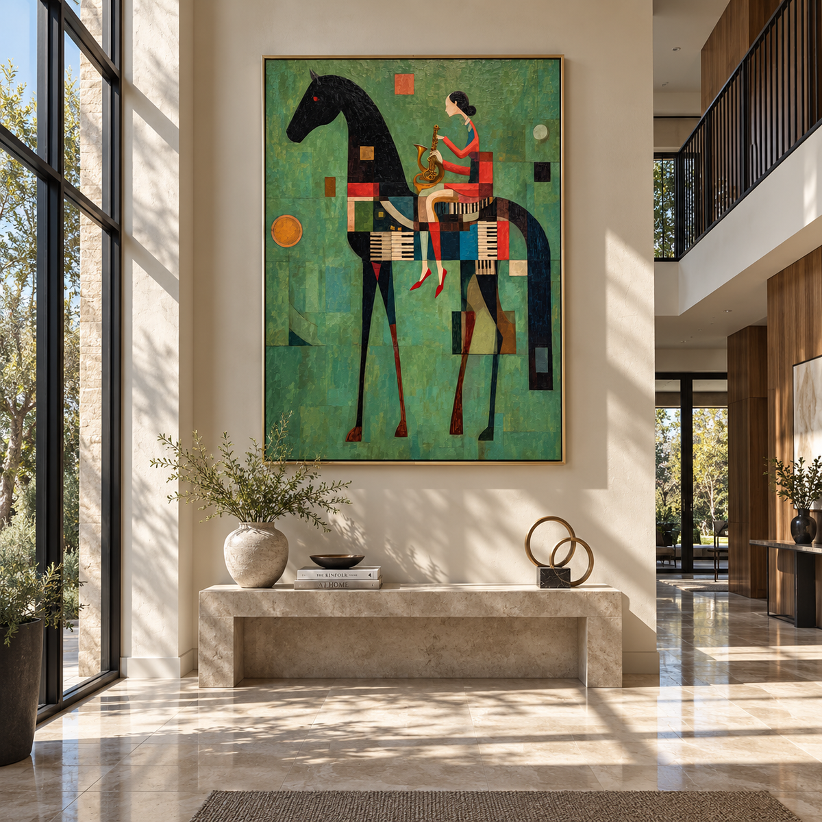 Red Woman Rides Geometry - woman on black horse painting by Laura Chen, modern Western vertical wall art - displayed above a narrow living room console
