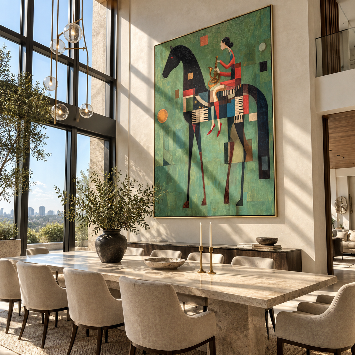 Red Woman Rides Geometry - woman on black horse painting by Laura Chen, modern Western vertical wall art - displayed next to a dark wood cabinet
