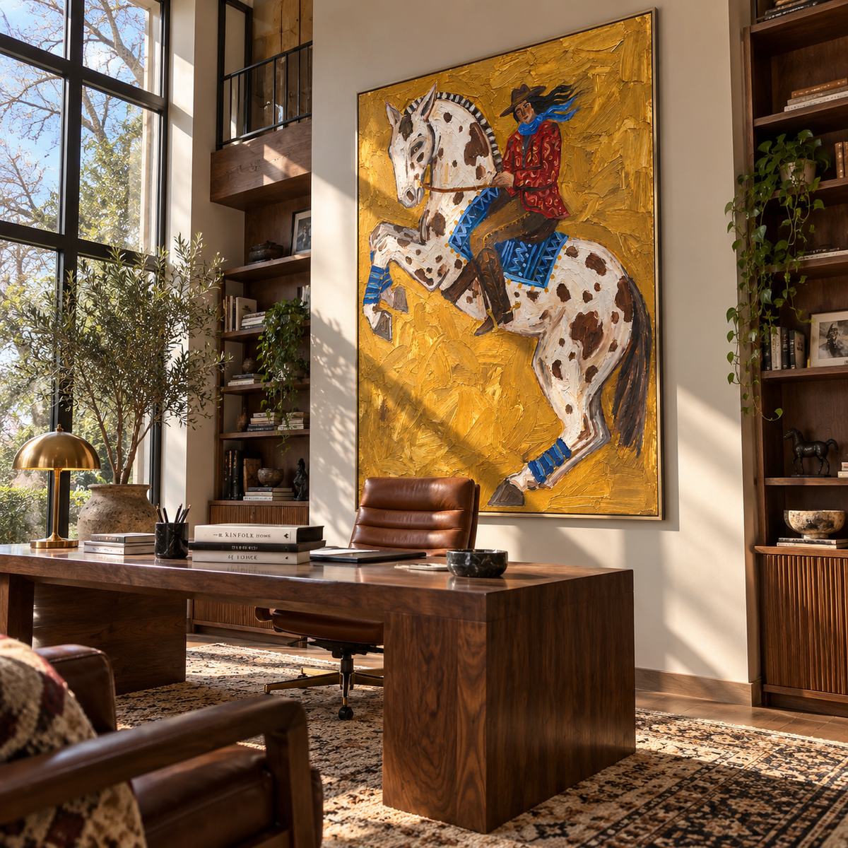 Spotted Horse Rises Gold - rearing spotted horse rider painting by Laura Chen, modern Western vertical wall art - displayed above a narrow living room console