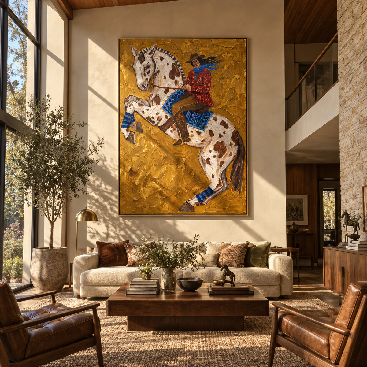 Spotted Horse Rises Gold - rearing spotted horse rider painting by Laura Chen, modern Western vertical wall art - displayed along a hotel corridor