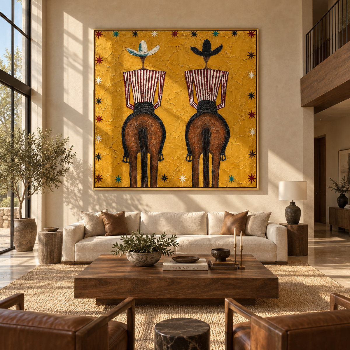 Twin Riders Face Distance - two horse riders painting by Laura Chen, modern Western square wall art - displayed on a calm bedroom wall