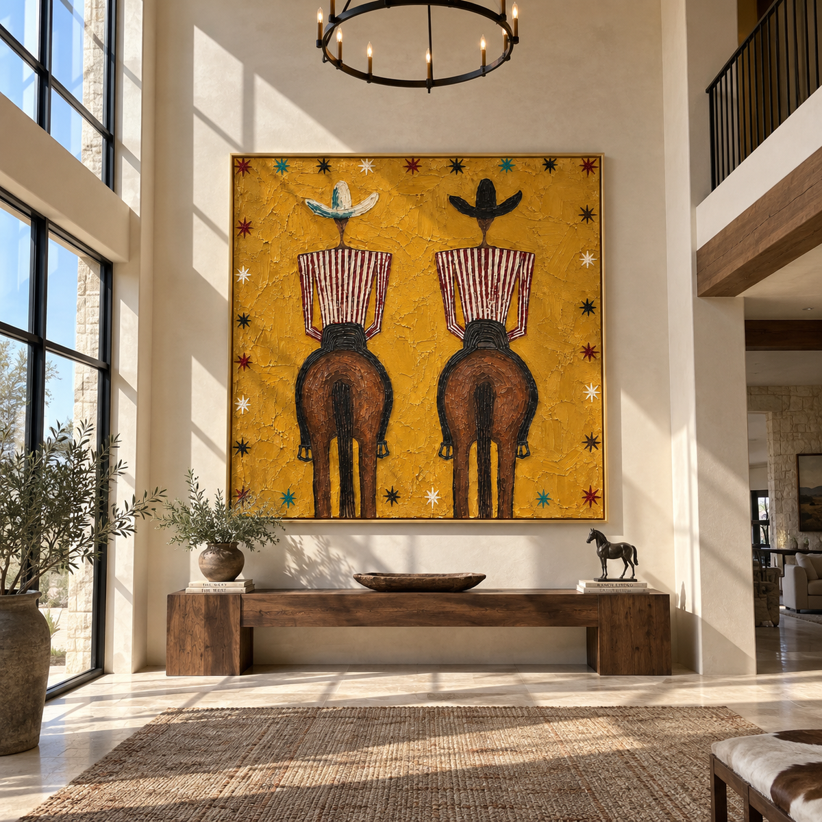 Twin Riders Face Distance - two horse riders painting by Laura Chen, modern Western square wall art - displayed beside a home office desk